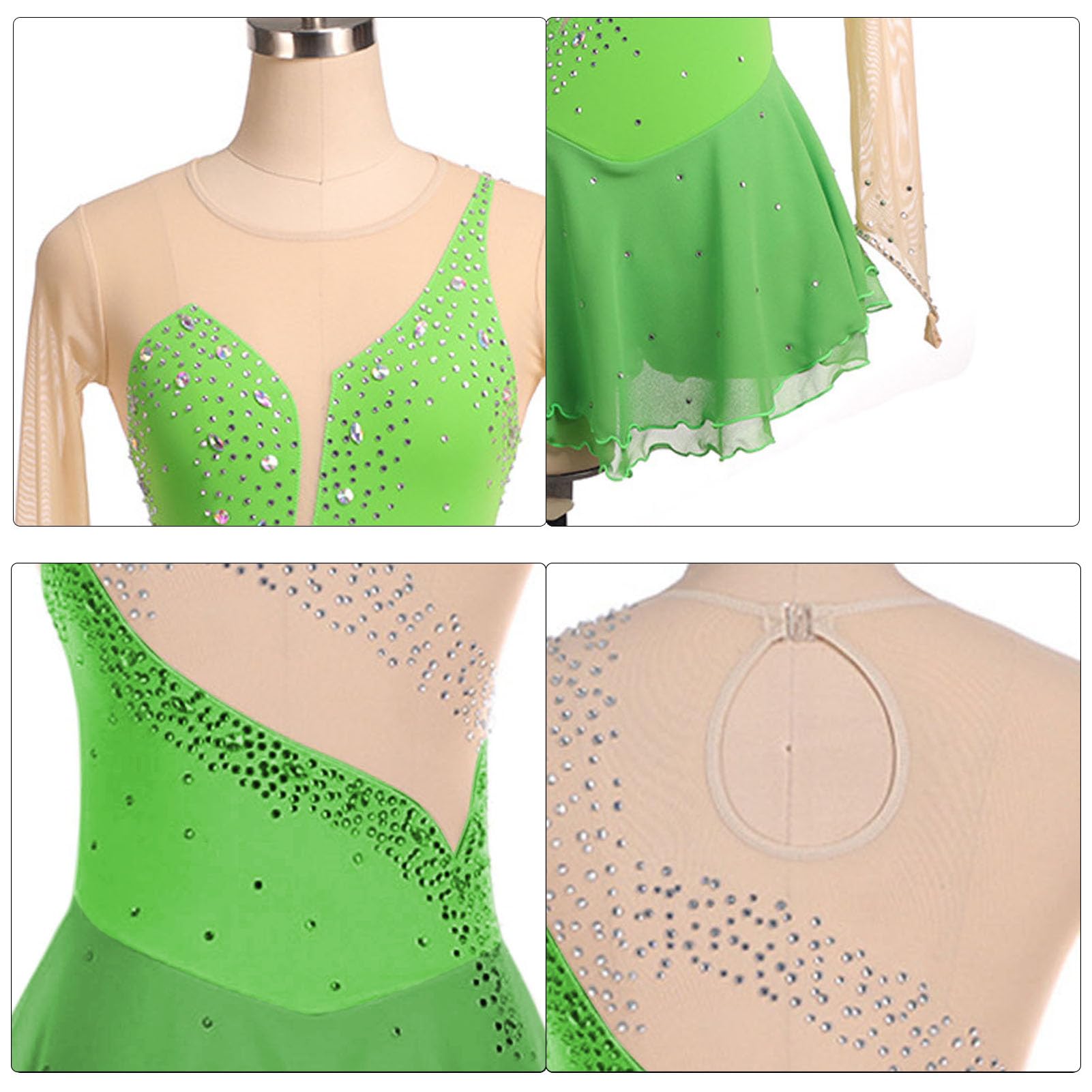 Vestito da Pattinaggio Artistico, Girocollo Vuoto Giunzione Body Ginnastica Artistica Danza, Vestito da Balletto Danza Tuta da Ballo da Competizione A Maniche Lunghe