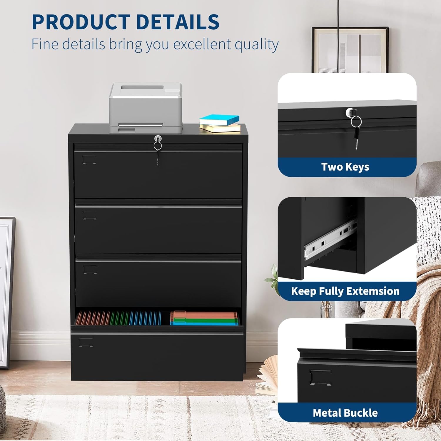 4-Drawer Lateral File Cabinet with Lock, Heavy Duty Metal Office Storage for Letter/Legal/A4 Files, Secure Document Organizer, Easy Assembly, Space-Saving Design (Black)