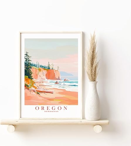 Miniatura 4 de ColorAndFlair Oregon Travel Print Coastal Ocean Pink Orange Wall Art Retro Poster Beaver State Souvenir Beach Painting (11x14 inches)
