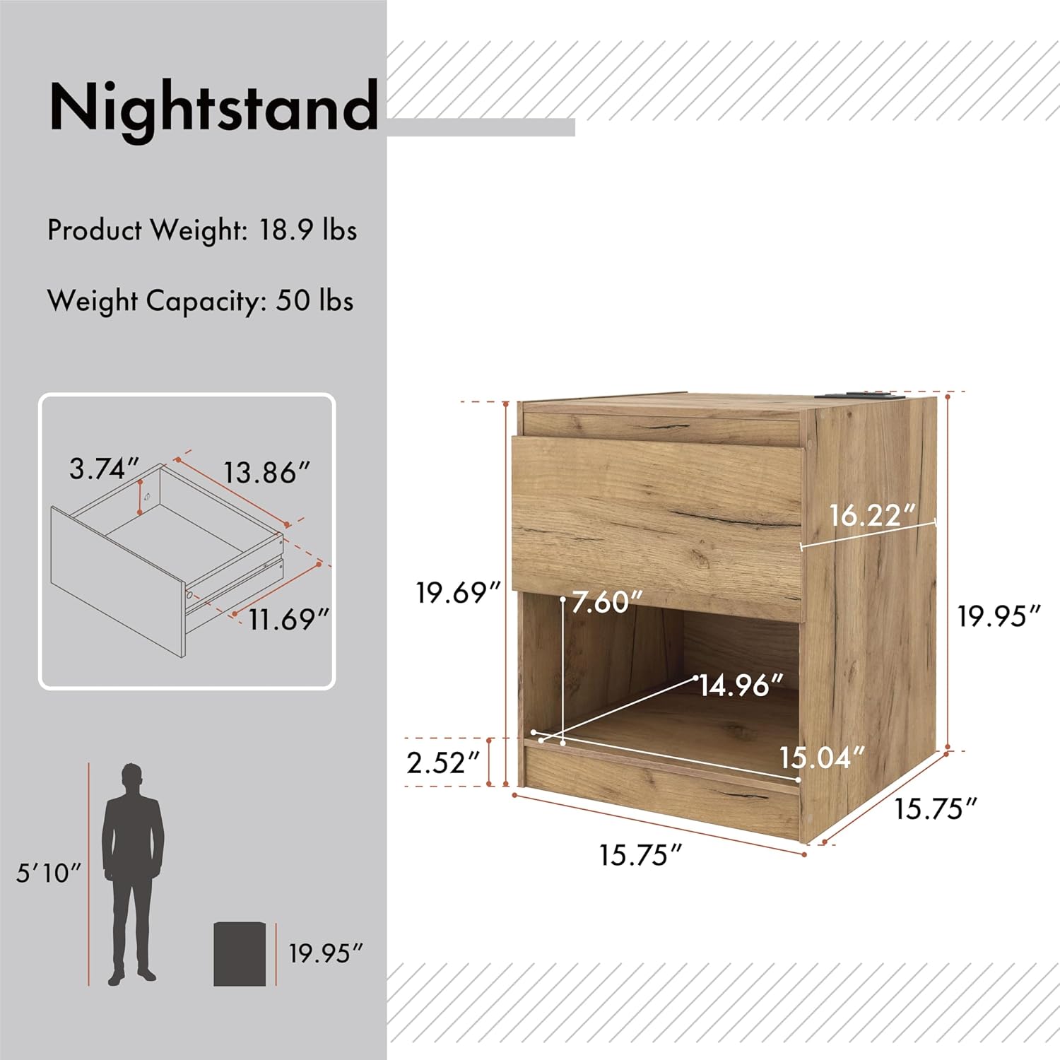 Furniture of America Rockton Transitional Wooden Nightstand with Charging Station, Drawer, and Open Shelf, Bedside Table Featuring Space to Storage Things for Room, Dorm, Bedroom, Light Oak