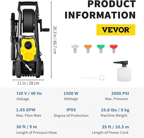 Miniatura 7 de VEVOR Lavadora a presión eléctrica, 2000 PSI, lavadora de potencia máxima de 1.65 GPM con manguera y carrete de 30 pies, 5 boquillas de conexión