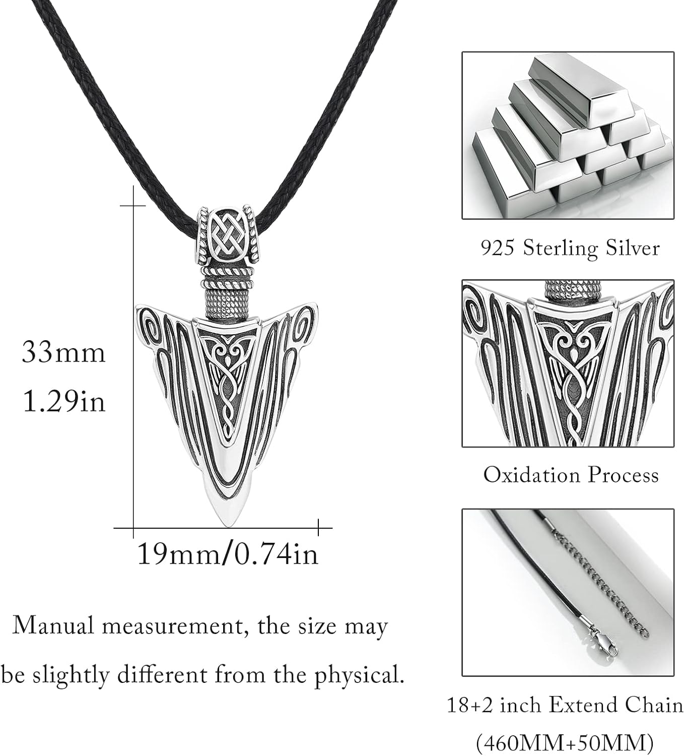CUOKA MIRACLE Viking Arrowhead Necklaces 925 Sterling Silver Celtic Knot Arrow Necklace Gravel Spearpoint Arrowhead Arrow Pendant Necklace Birthday Jewelry Gift Viking Necklace for Men