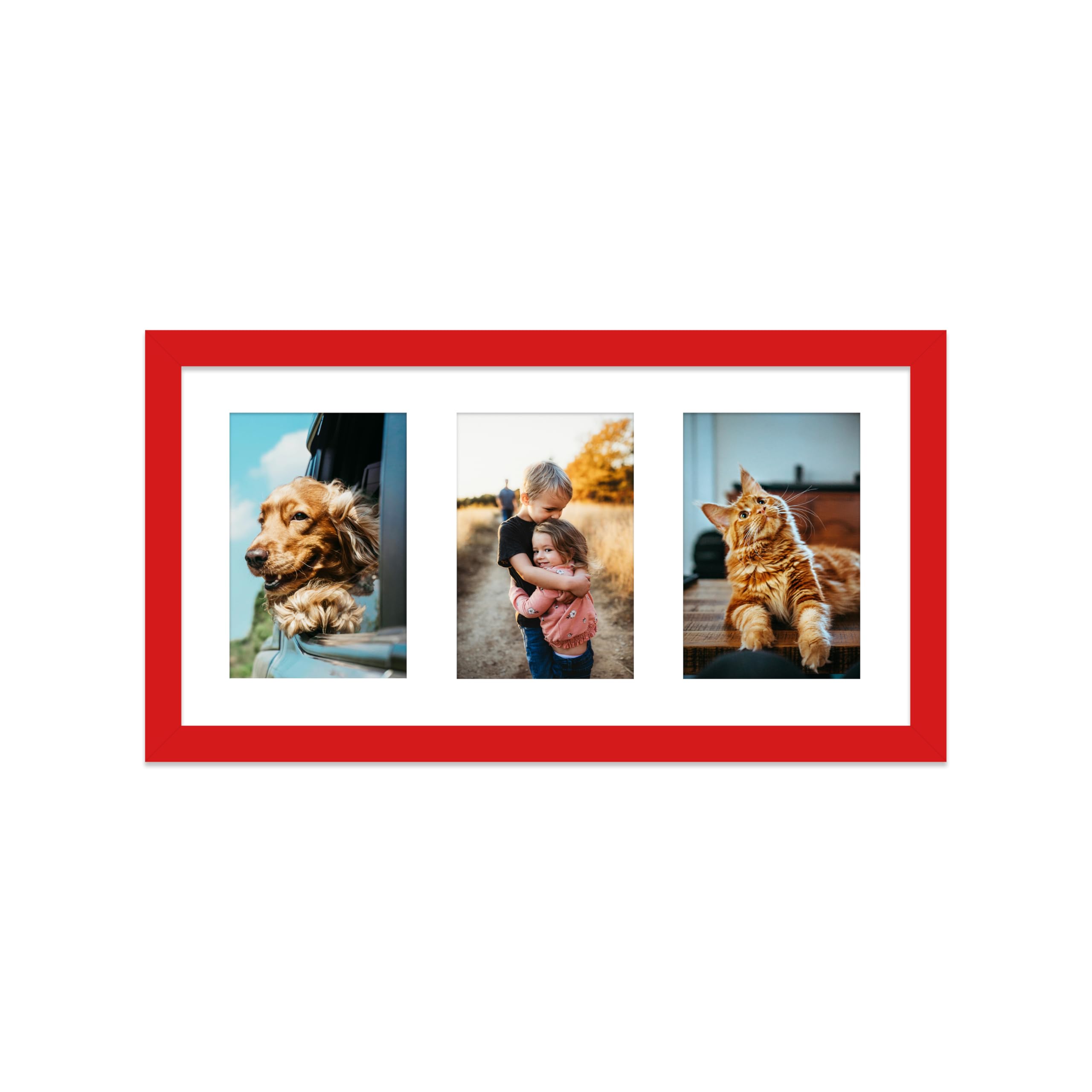 Red Multi Photo Frame - Holds 3 x 6x4 Pictures, Family Collage Picture Frame for Wall Display, 8x16 Panoramic Frame Size, Pack of 1