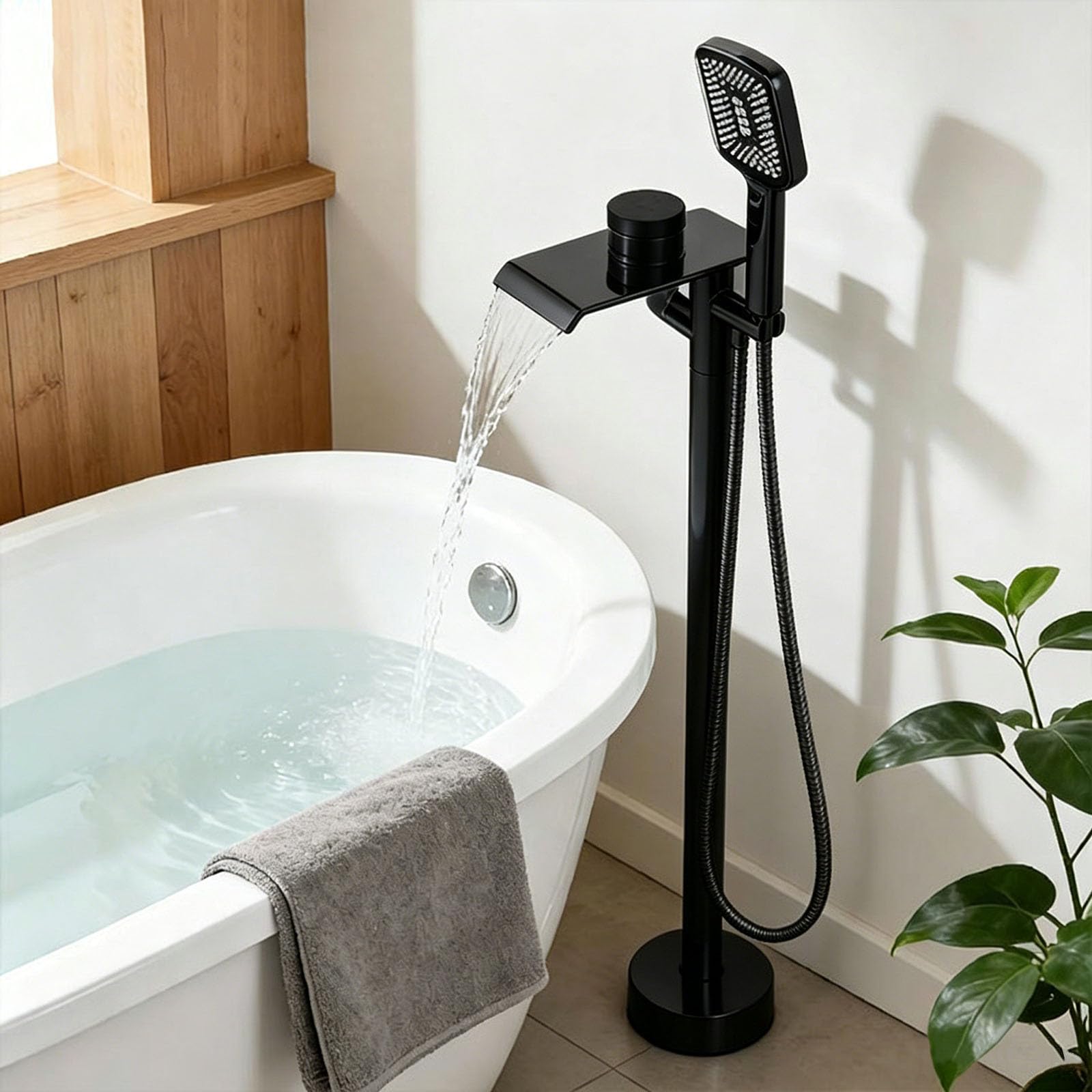 Mitigeur douche bain cascade noir pour baignoire îlot moderne