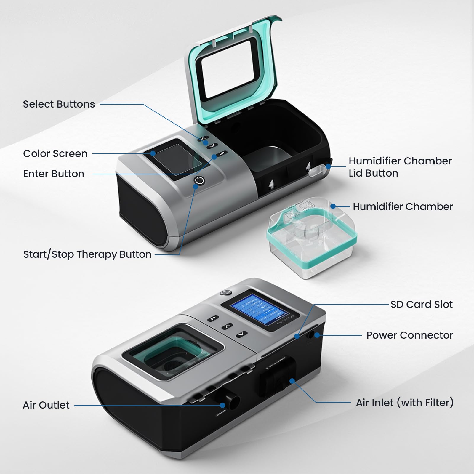 Equipo de respiración para dormir totalmente automático, dispositivo antironquidos, dispositivo de apnea del sueño, dispositivo con juego de mascarillas nasales, mejora el sueño, análisis e informes
