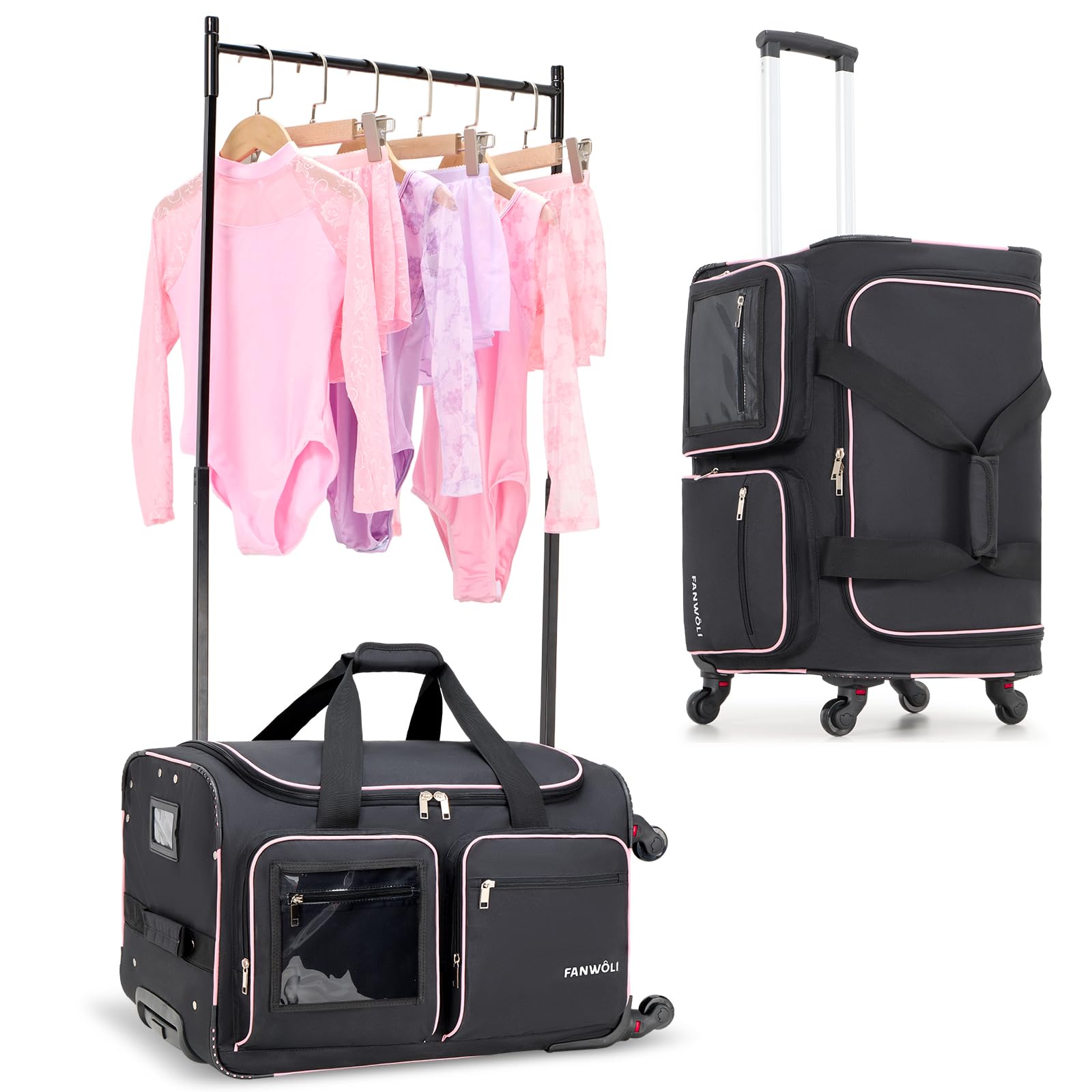 Fanwoli 23 Dance Bag with Garment Rack 4 Wheels Detachable 360 Wheels Ultra-Light Collection Ideal Competition Duffle Bag