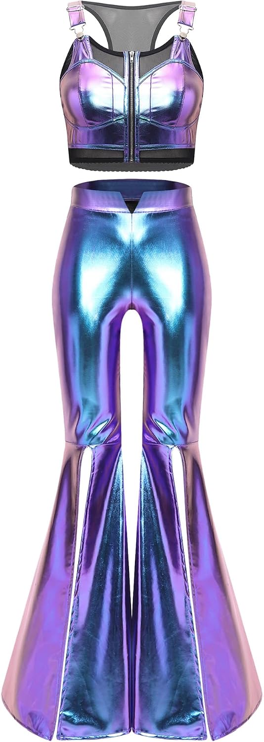 Jugaoge Adult Cropped Vest with Flared Leggings Set Two Piece Outfits Shiny Metallic Y2k Streetwear for Party