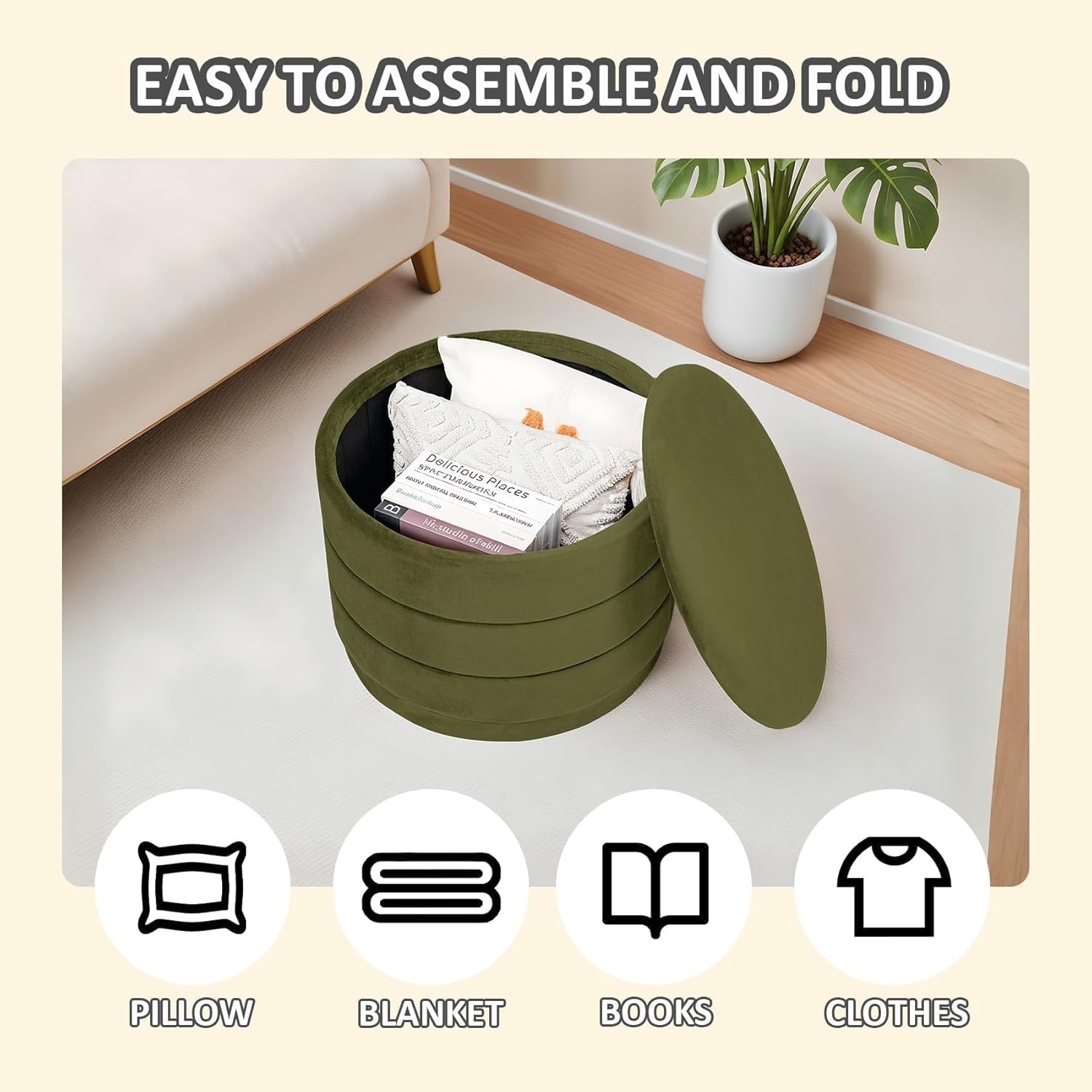 PINPLUS Large Round Velvet Storage Ottoman, Olive Green Upholstered Footstool with Hidden Storage, Sturdy Coffee Table Ottoman for Living Room & Bedroom