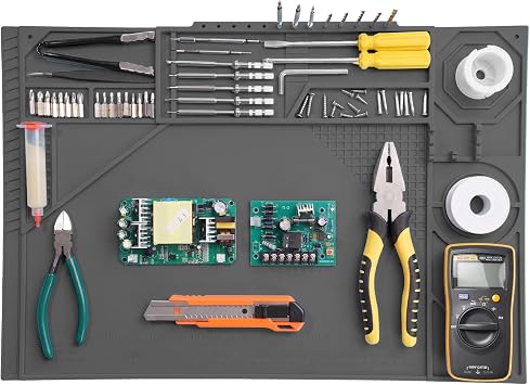 Silicone Soldering Mat with Soldering Stand, Heat Resistant 932F, Large 20x14 Inch Non-Stick Workbench Mat for Electronics Repair, PCB, Phone, Watch, PC Building, Hobby & Craft Grey
