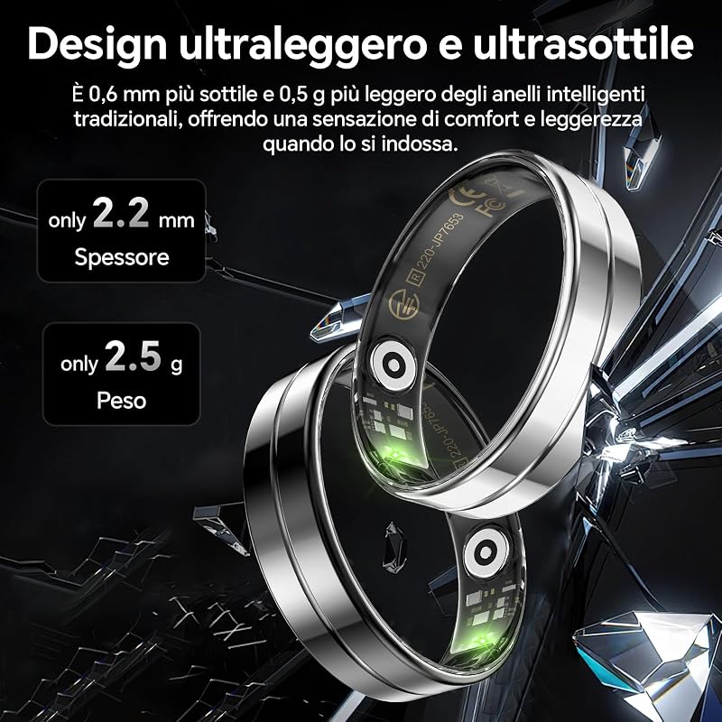 Ultra Vékony Okosgyűrű - 24/7 Pulzus, SpO2, Alvás és Testhőmérséklet Monitorozás, Telefon Távvezérlés, Android iOS, Fekete
