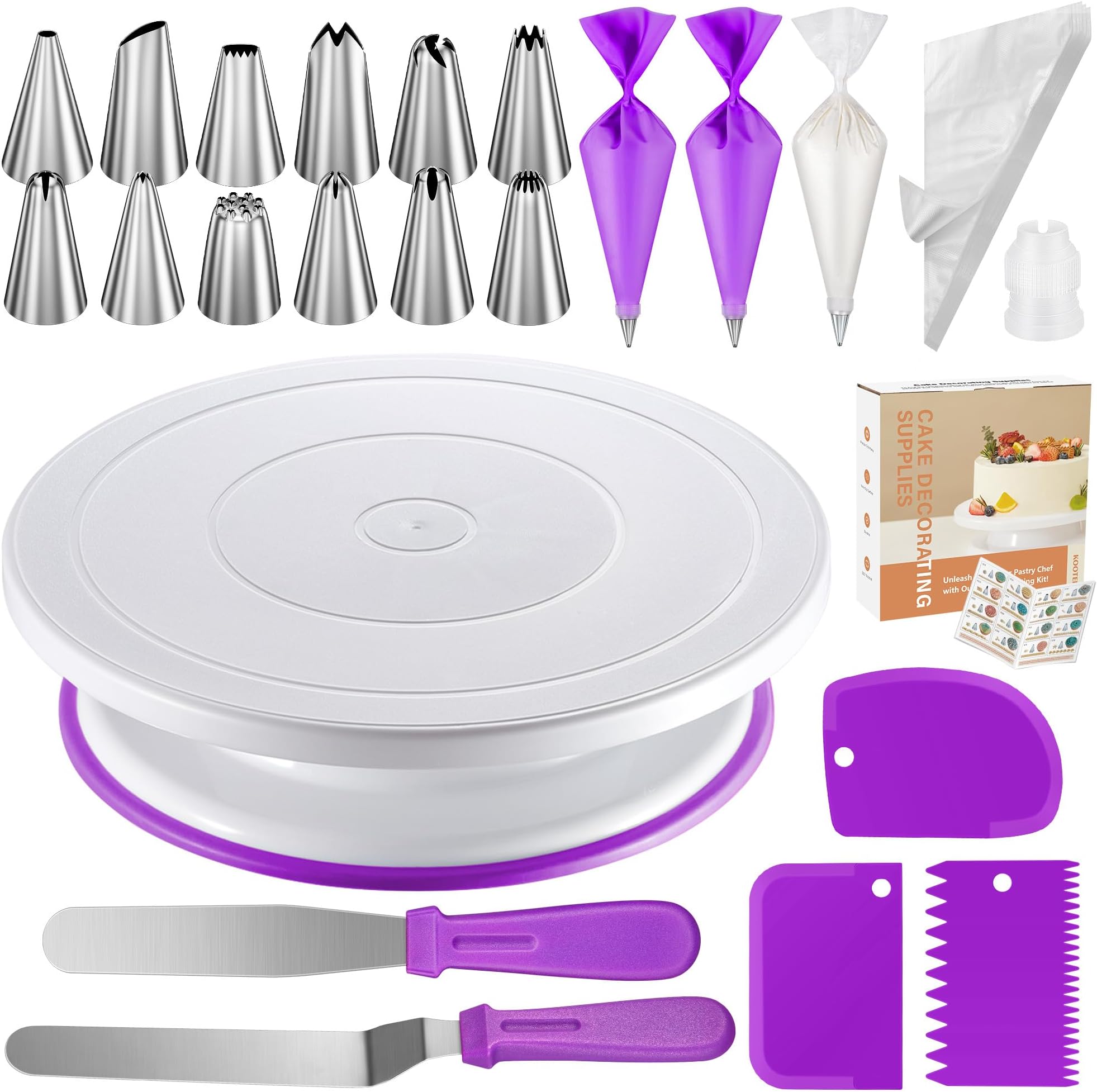Kootek 71PCs Cake Decorating Supplies Kit, Cake Decorating Set with Cake Turntable, 12 Numbered Icing Piping Tips, 2 Spatulas, 3 Icing Comb Scraper, 50+2 Piping Bags, and 1 Coupler for Baking(Purple)