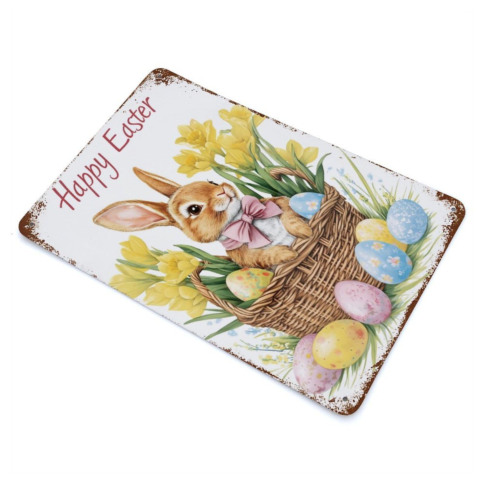 Rust Effect Cute Easter Bunny Basket Rusty Metal Tin Sign 11.8"x7.9", Old School Wall Decor for Basement, Hobby Room And Garage Decor