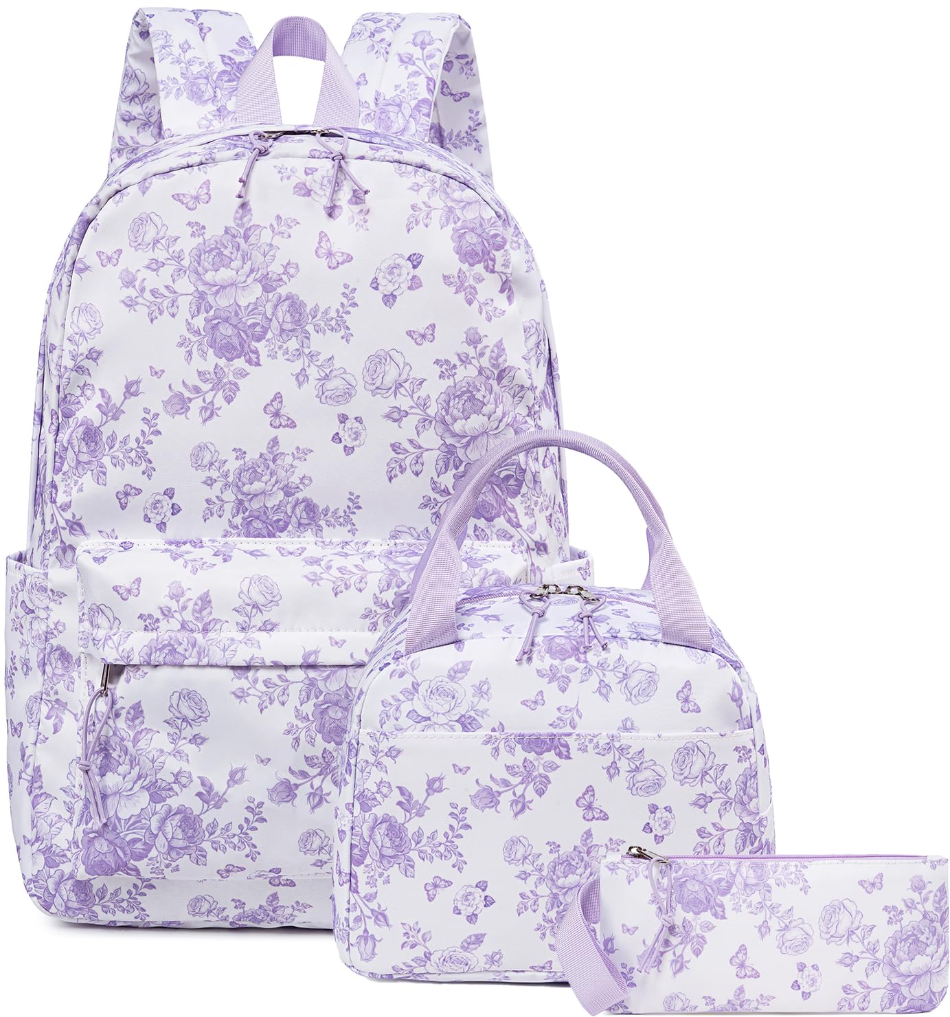 Bluboon Teens Backpack Set Girls School Backpack Lunch Box Pencil Bags Student Bookbags 3 in 1 (Purple Floral 277) Large Purple Floral 277