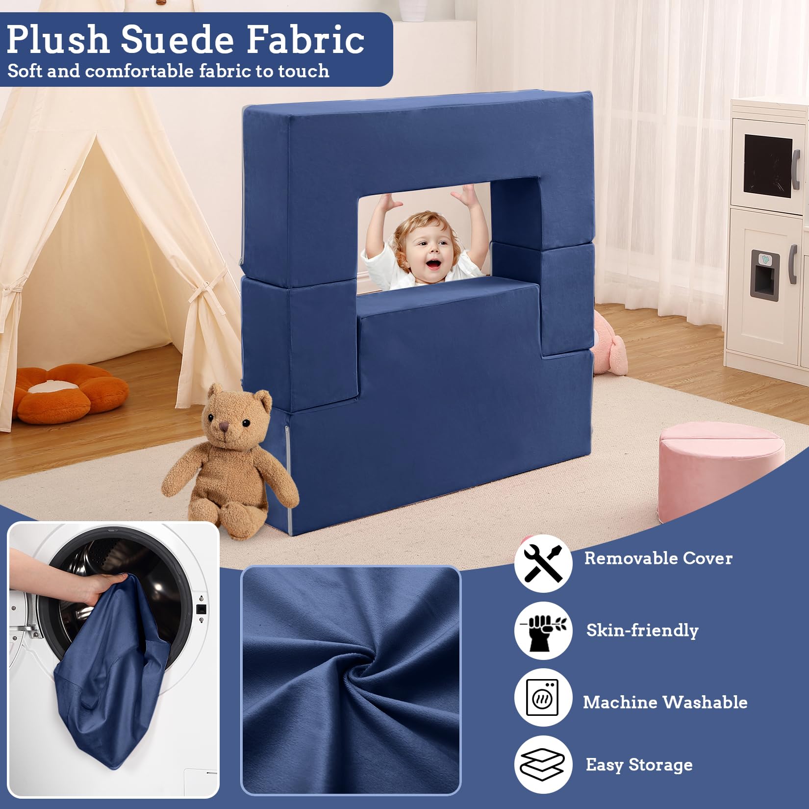 Sofá Modular para Niños de 6 Piezas, con Piezas Semicirculares para Montaje, Azul, para Habitación Infantil, Sala de Juegos y Dormitorio, 100 x 40 cm