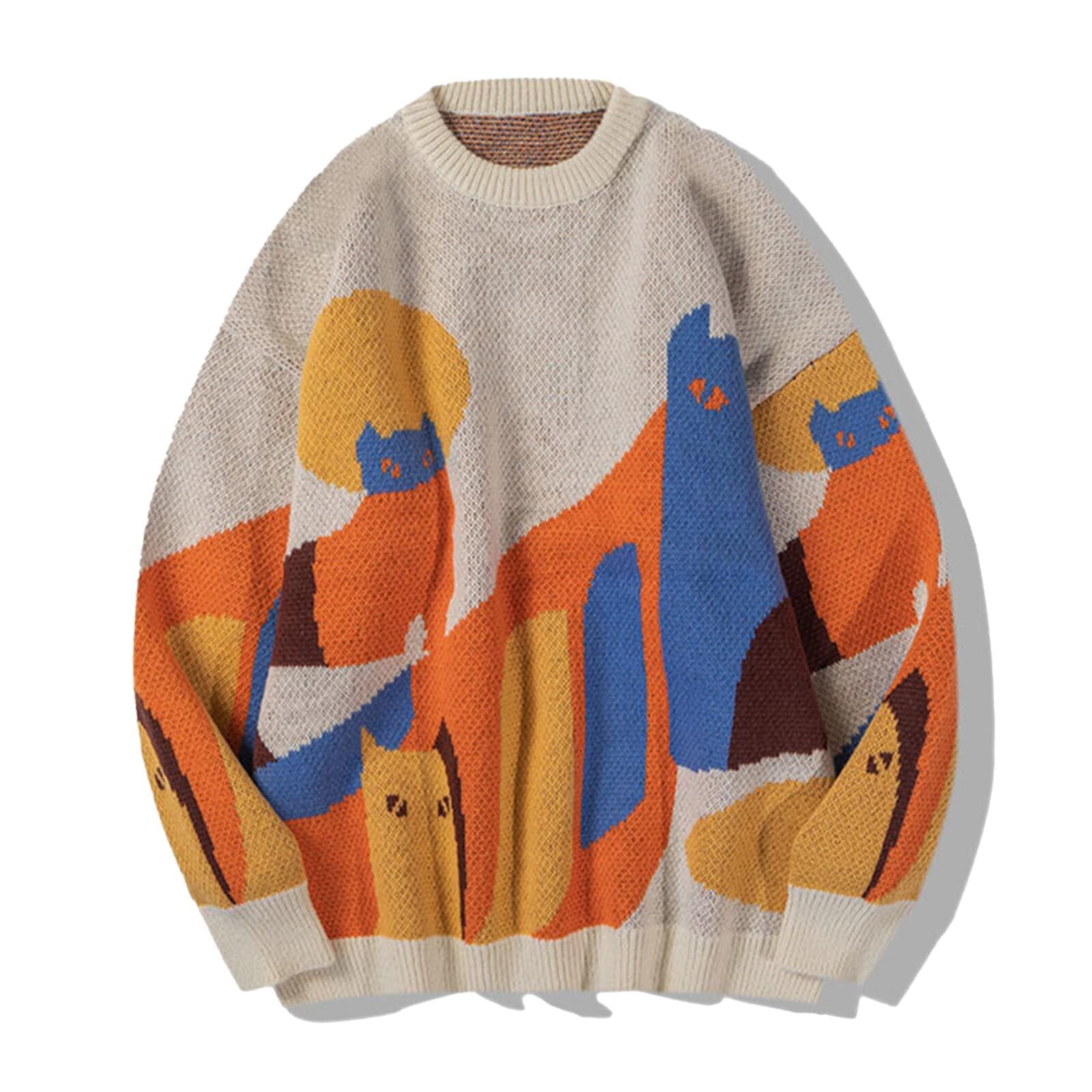 Aelfric Eden Graphic Sweaters Color Blocking Cat Sweater Vintage Oversized Crewneck Knit Pullover Christmas Tops