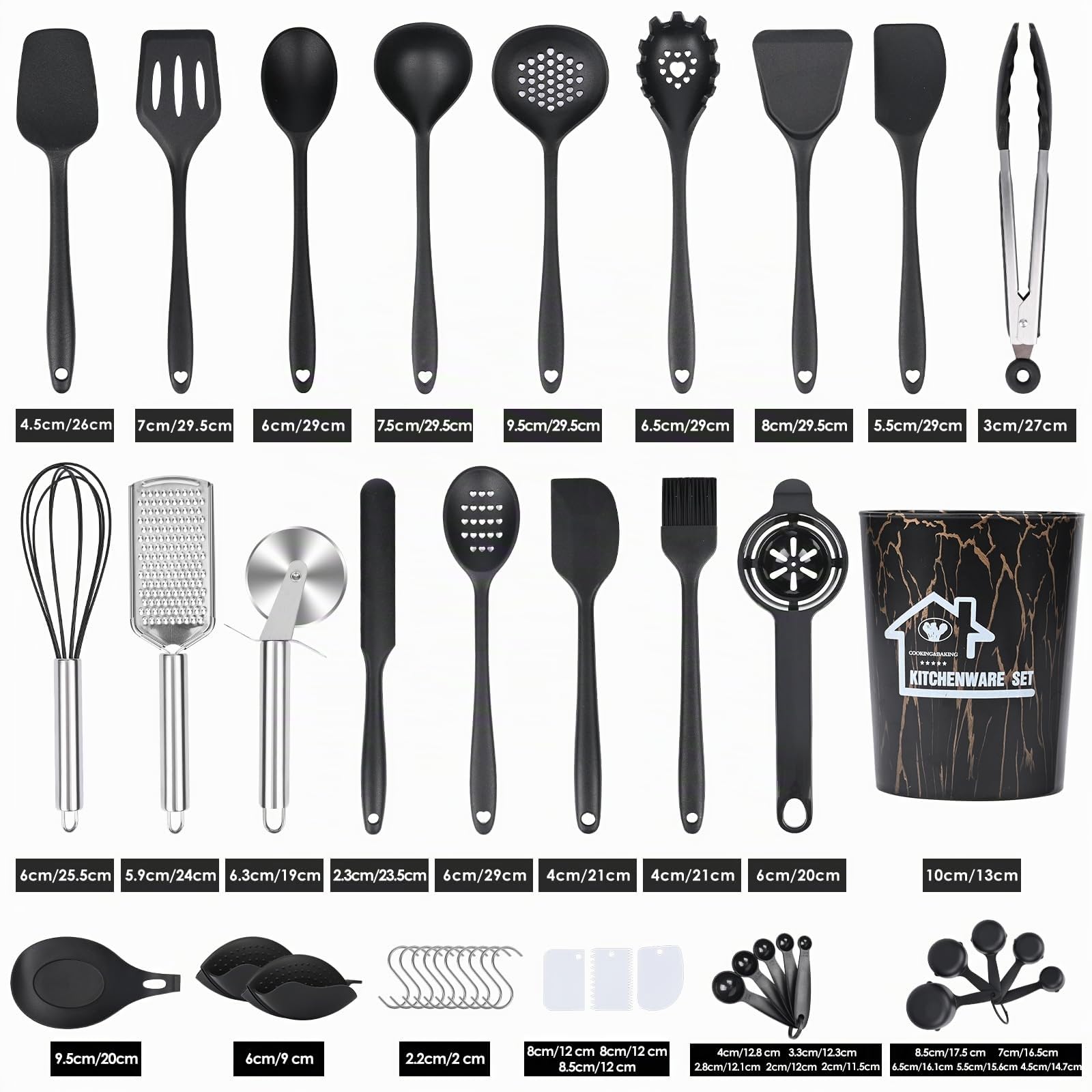 Küchenutensilien Set 43-teiliges Silikon Küchenhelfer, Hitzebeständiger Kochgeschirr mit Utensilienhalter, Antihaft Kochset, schwarz