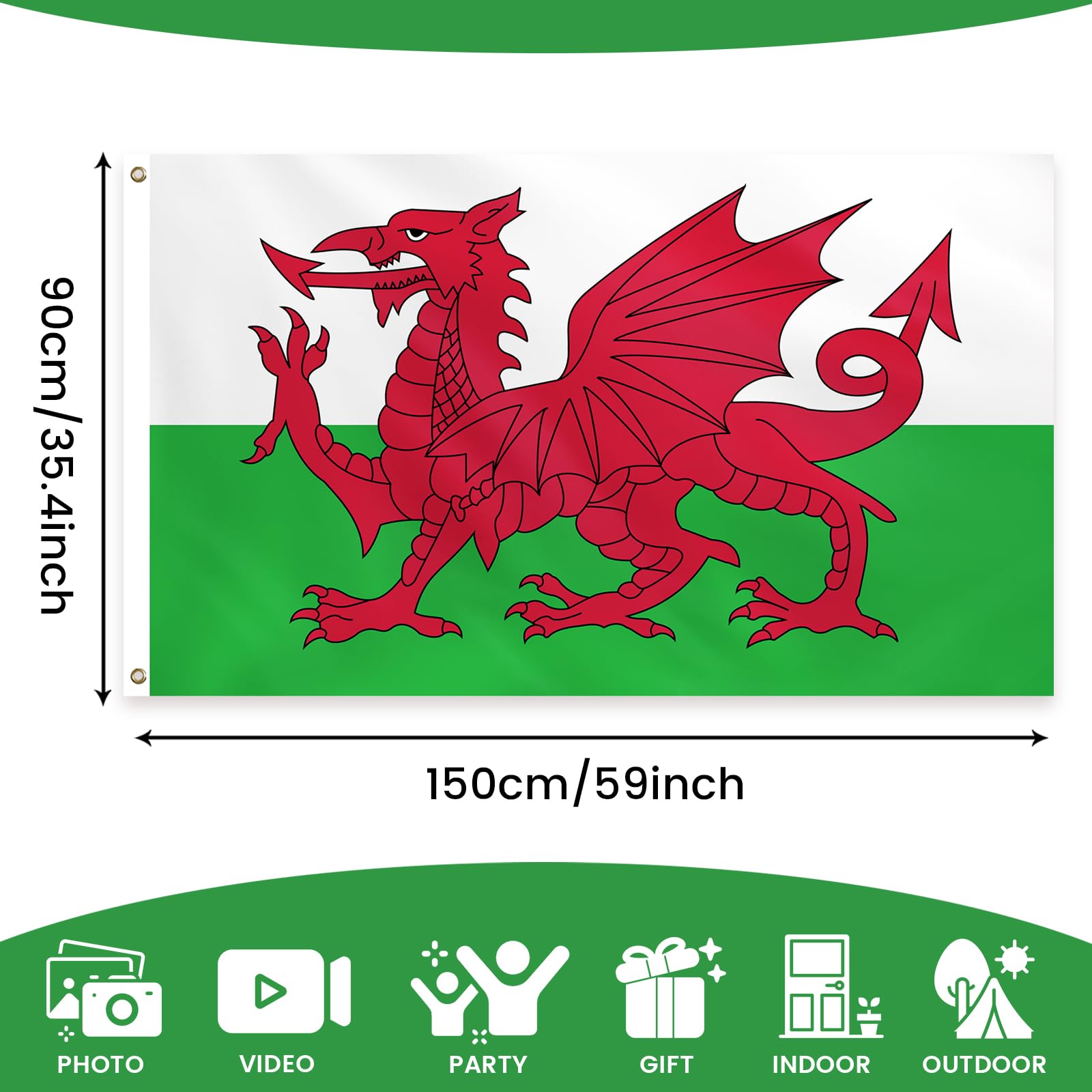 PartyYaa Welsh Flag, 5ft x 3ft Wales Dragon Flag for St.David's Day Decoration, Single Side with 2 Brass Eyelets, Waterproof - Image 2