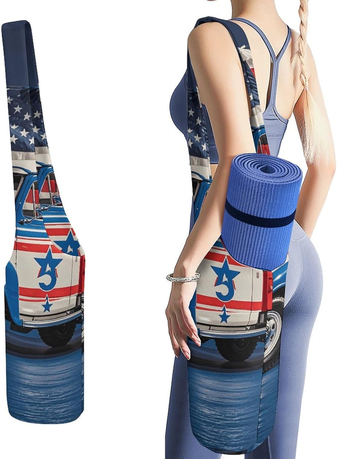 Durable Yoga Mat Carrier Bag with Strap 4th Of July Patriotic Trucks Printed Large Capacity Yoga Mat Storage Bag Portable Gym Bag for Most Yoga Mats Men Women Pilates