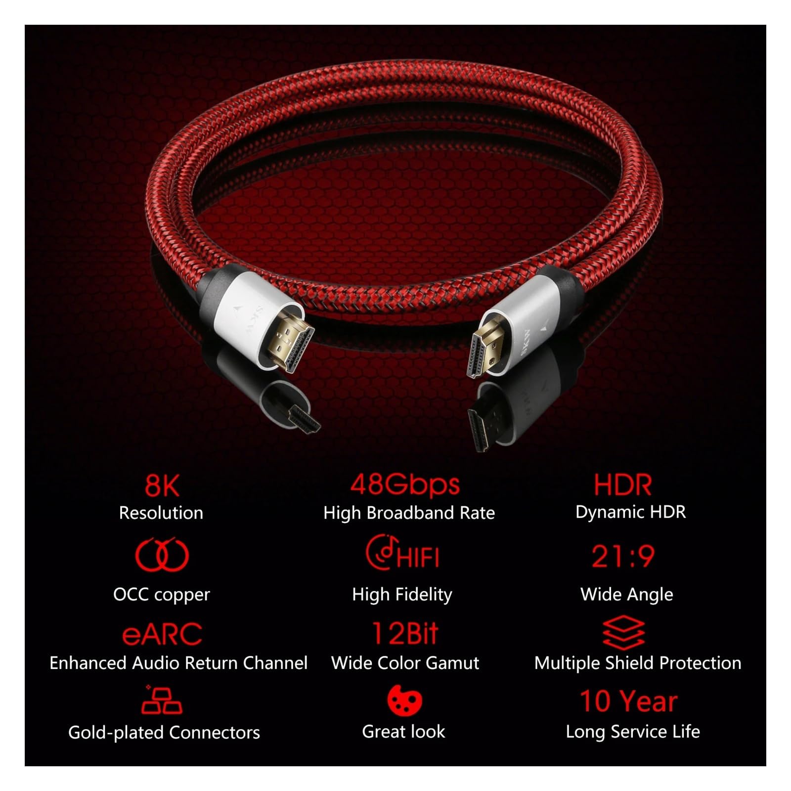 Cavo 8K HDMI 2.1 Ad Alta Velocità, Larghezza Di Banda 48 Gbps, Supporto EARC E HDR, for HDTV, TV Box, Proiettore, Computer E Console Di Gioco(Red-1m)
