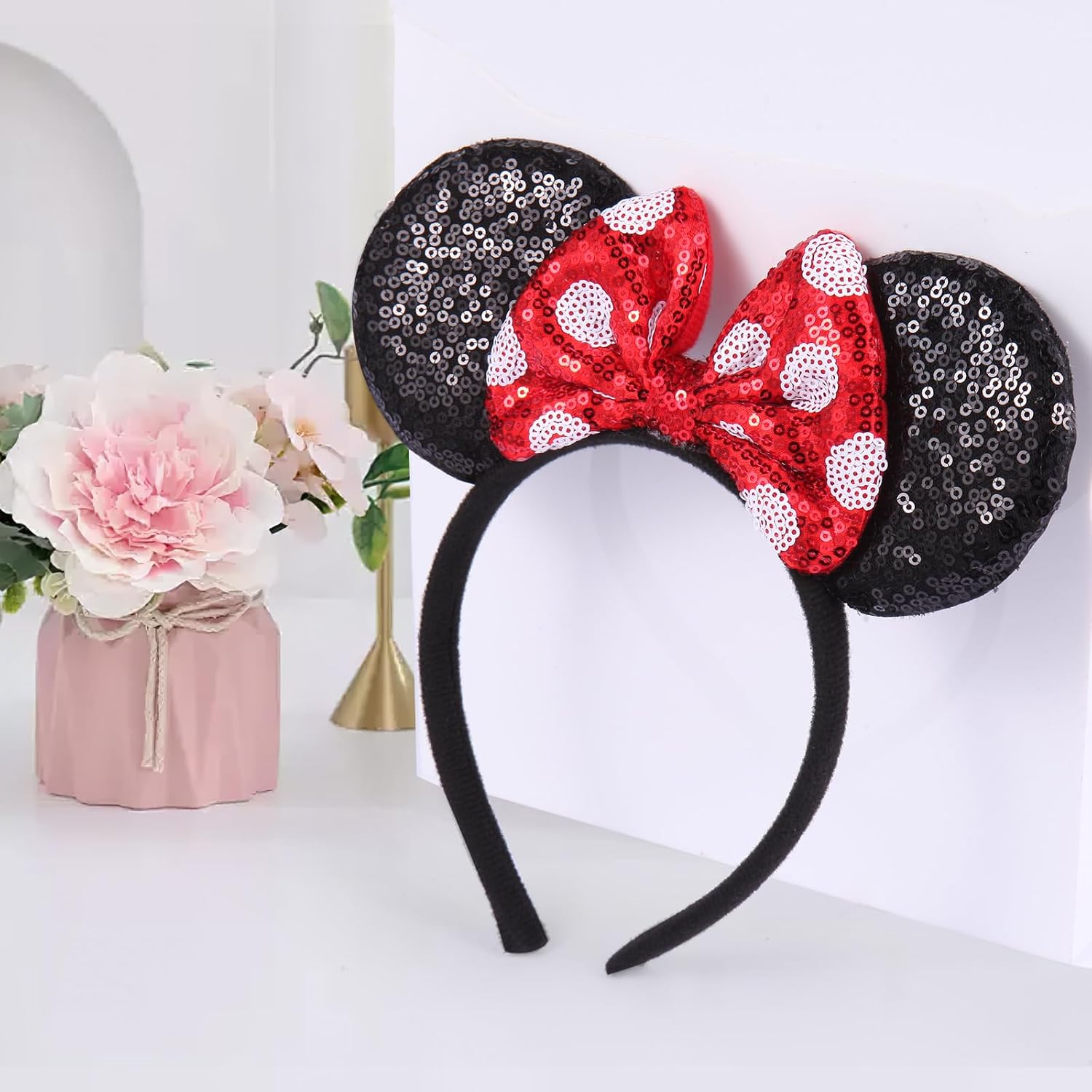 6 Pack Sequin Mouse Ears Headbands for Women Girls boys, Shiny Bows Headband for Cosplay Costume Birthday Party Decorations Hair Accessories