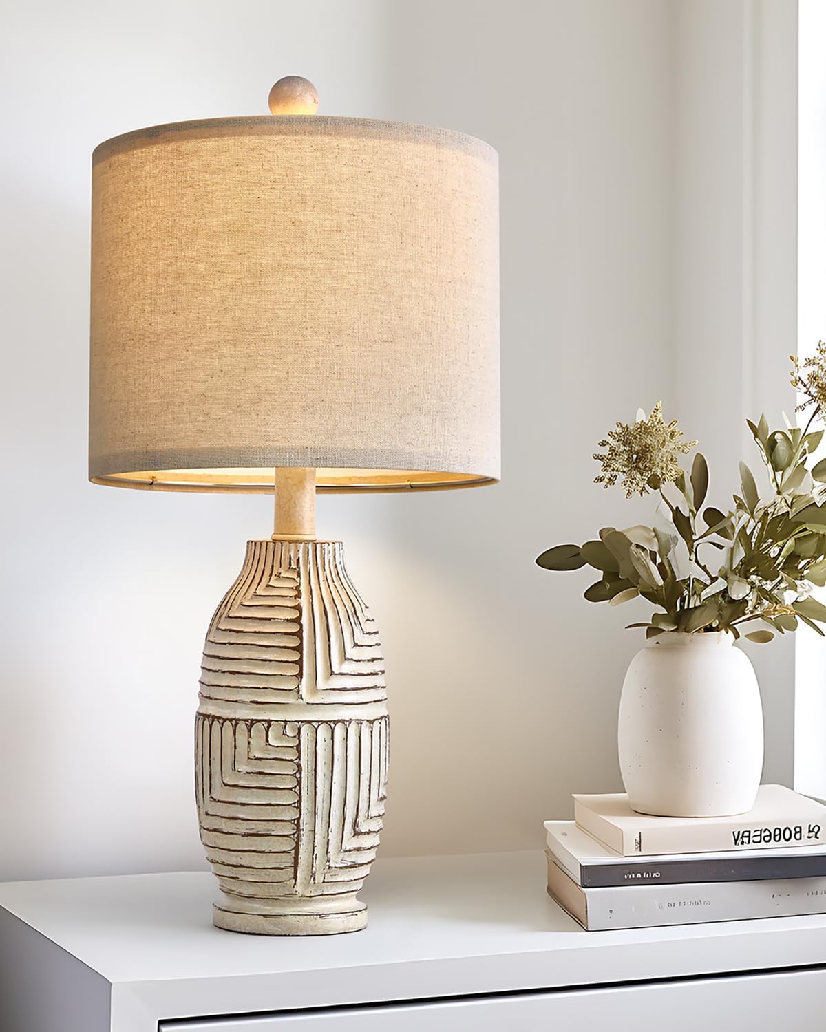 20.25 Farmhouse Single Resin Lamp for Bedroom Living Room Retro Rustic Vintage Small Boho Lamps Bedside Nightstand Light Home Office Desk Deco (White)