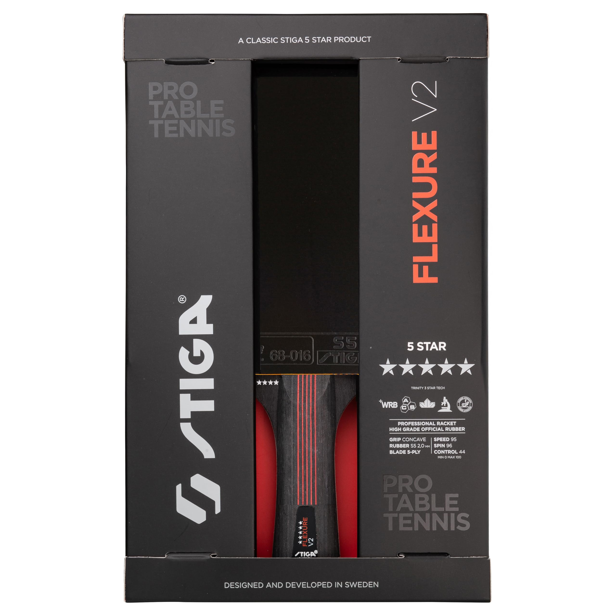 STIGA Flexure V2 Raquette de Ping-Pong, Raquette de Tennis de Table 5 étoiles, Revêtements STAR5 approuvés par l'ITTF, Prise Ergonomique - pour Les Joueurs offensifs