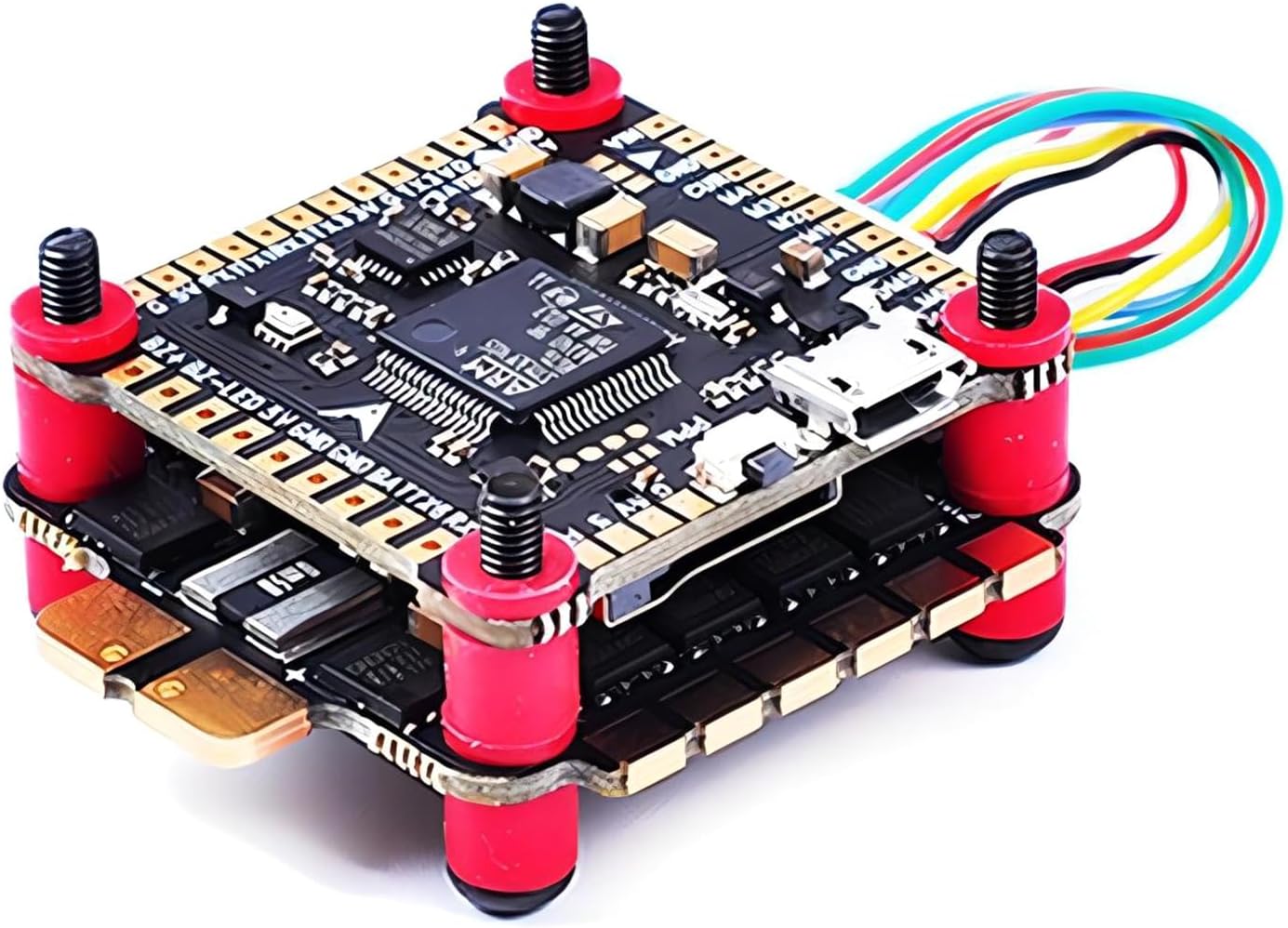 Stacked XUZHID F4 V3S Plus Flight Controller and ESC module mounted with red standoffs