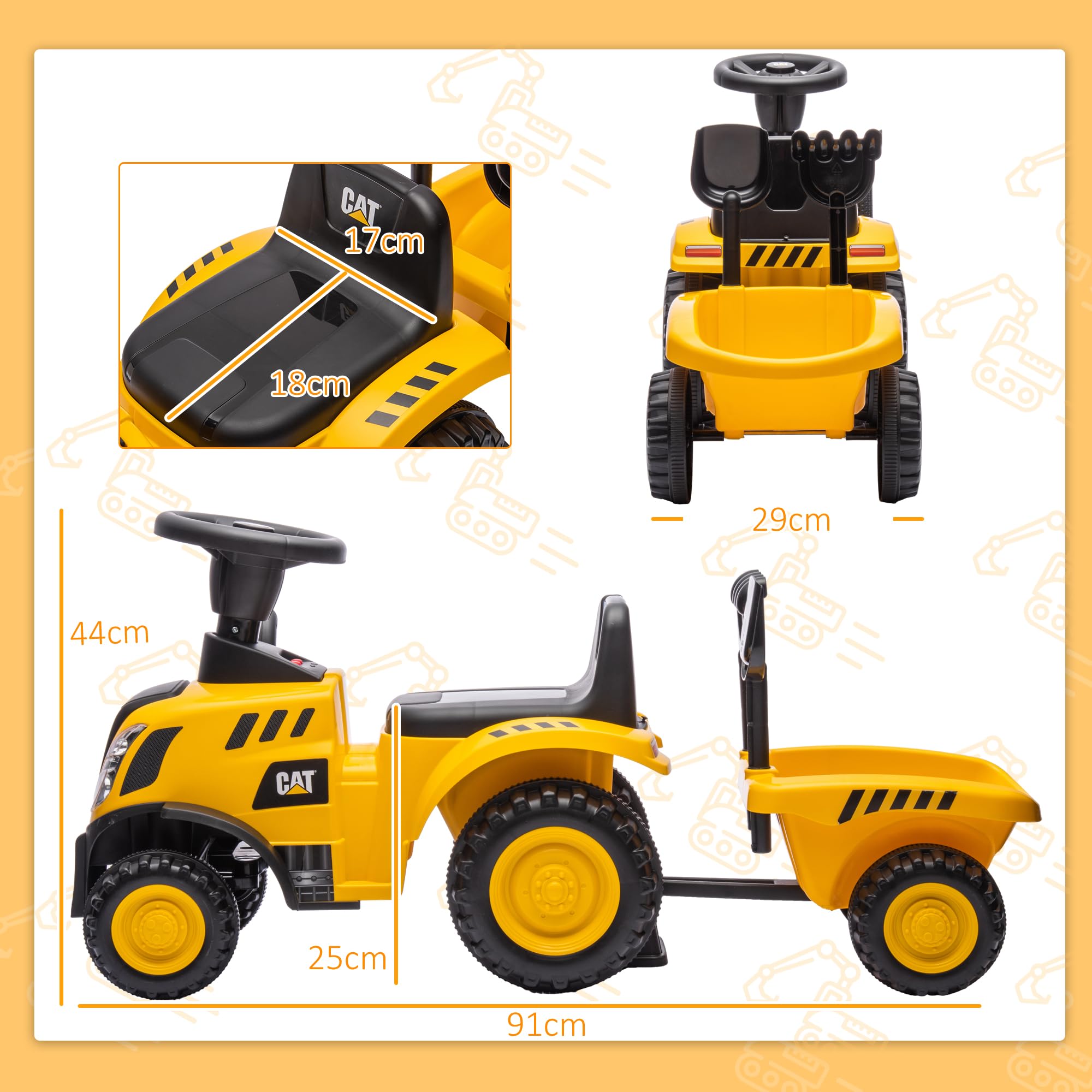 AIYAPLAY Camion Giocattolo per Bambini 12-36 Mesi con Pala e Rimorchio Integrati, Escavatore per Bambini Cavalcabile in PP e Metallo, 91x29x44 cm, Giallo