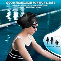 Vista 6 de Large Long Hair Swim Cap with Extra Room for Women Men, Silicone Swimming Cap for Long Thick Hair with Ear Plugs Nose Clip Set, Adult Waterproof