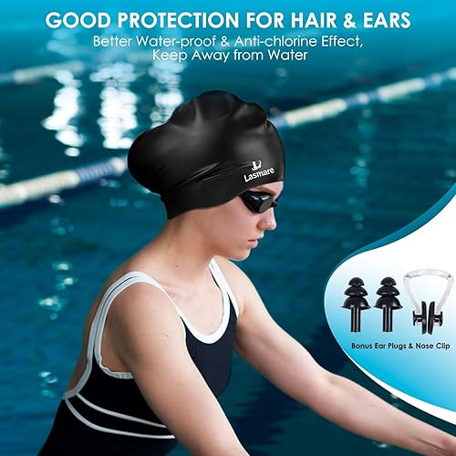 Miniatura 6 de Gorro de natación grande y largo con espacio adicional para mujeres y hombres, gorra de natación de silicona para cabello largo y grueso con tapones