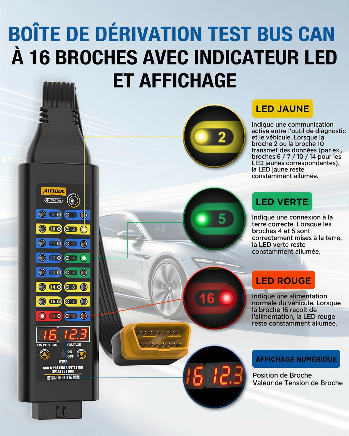 Boîtier de Dérivation OBD2 avec Mode Série 120Ω, Affichage de la Tension, Connecteur à 16 Broches, Voyant LED, pour Scanner/Multimètre pour Test de Diagnostic électrique Automobile