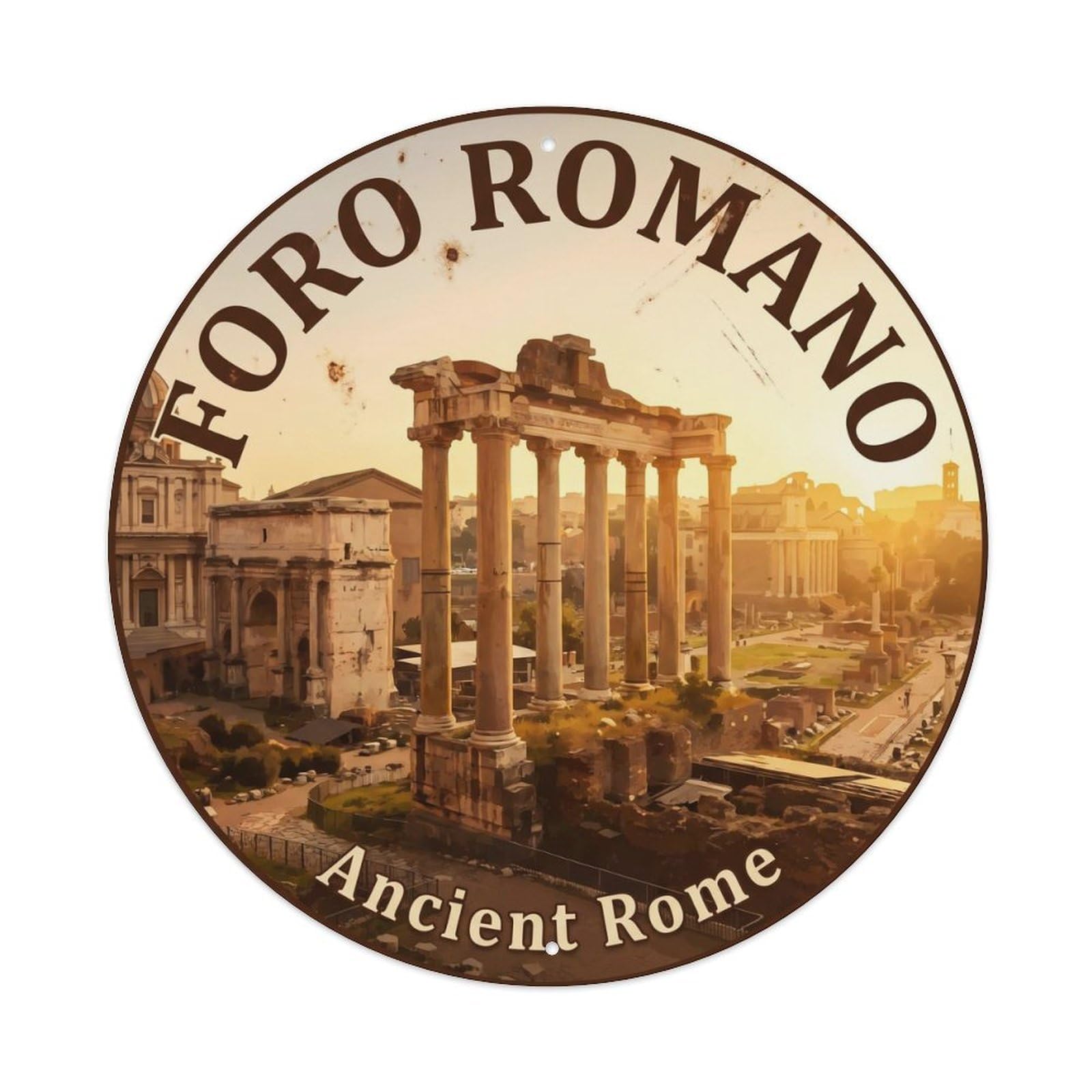 Vintage Travel Roman Forum Ancient Metal Tin Sign Plaque Wall Decor for Cafe, Club Bar, Office, Home Garden Round Metal Poster 8x8Inch