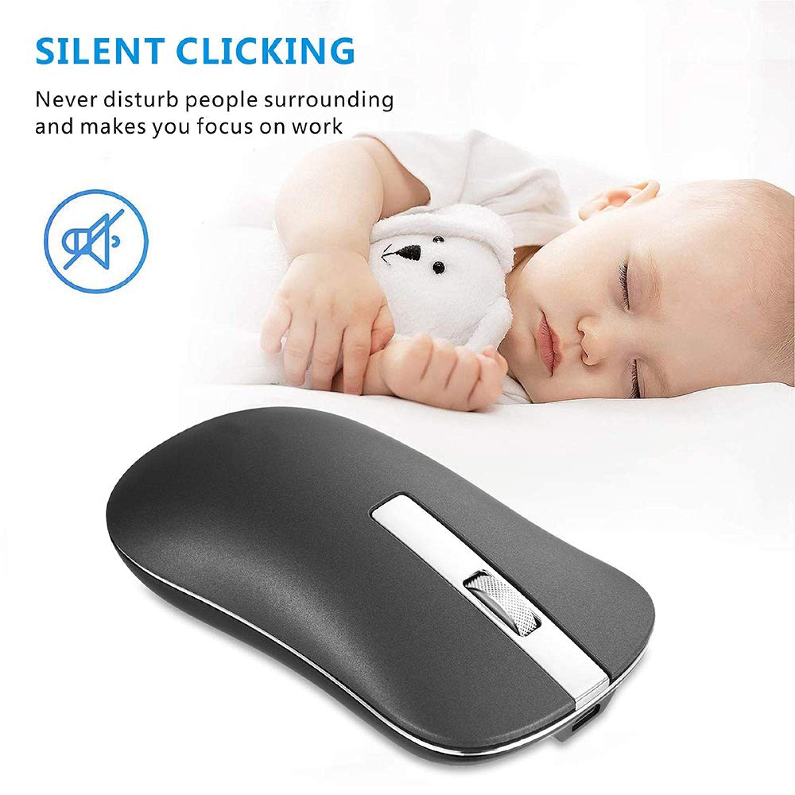 Ładowana mysz bezprzewodowa, mysz komputerowa jest cicha, nadaje się do komputera notebooka PC 2,4 GHz mini USB ergonomiczna bezgłośna mysz 2,4 GHz USB srebrna