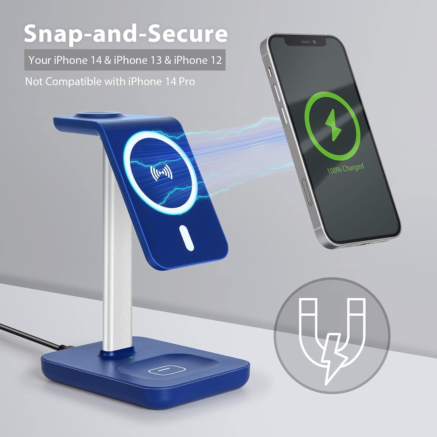 MagSafe 3 in 1 Wireless Charging Station, 15w Fast Charging, Wireless Charger for iPhone 14, iPhone 13 and iPhone 12 Series, AirPods Pro/2/Apple Watch, Dark Blue (20W Wall Adapter Included)