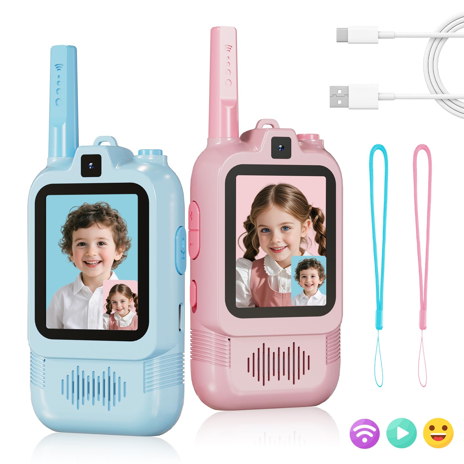 Photo 1 of Video Walkie Talkies for Kids, Dual Camera 2-Pack Rechargeable Video Intercom,1600 Ft Range 2 Way Radios Toys|Voice Chat&Photo, Gifts for Age 3-12 Boys Girls Indoor Outdoor Games, Camping (Pink/Blue)