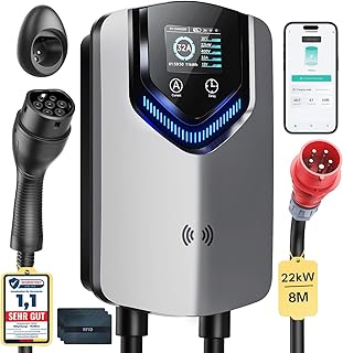Wallbox Typ 2 22kW mit APP & RFID – 3-Phasiges EV-Ladegerät 230 V, 6–32 A, 8M Kabel mit Kabelhalter – RCD Typ B & IP54,Einstellung Startzeiteffiziente Ladestation für Zuhause für BEV PHEV