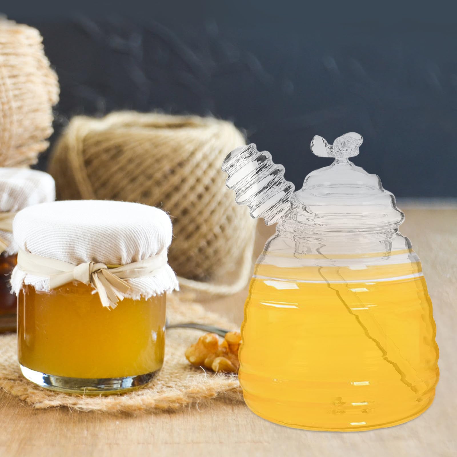 Tarro de Vidrio para Miel Tapa Hermética y Varita Integrada, Dosificador Práctico para Cocina en Casa y Almacenamiento de Té
