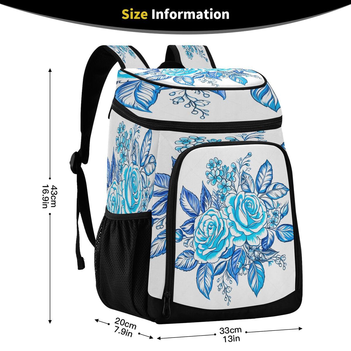 Rose Blue Leaves Cooler Backpack Leakproof Insulated Lunch Cooler Bag 30 Cans Camping Backpacks for Picnic Beach Road Trip