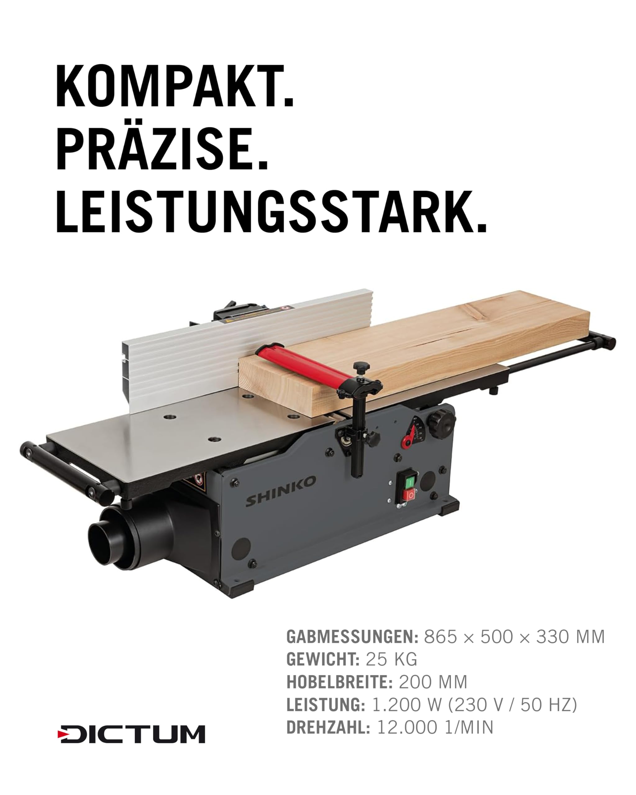 Shinko AH200 Abrichthobel – 200 mm Hobelbreite, Spiralwelle mit 16 HSS-Wendeplatten, Aluminiumguss-Tische, 1200 W Motor, mobil & präzise