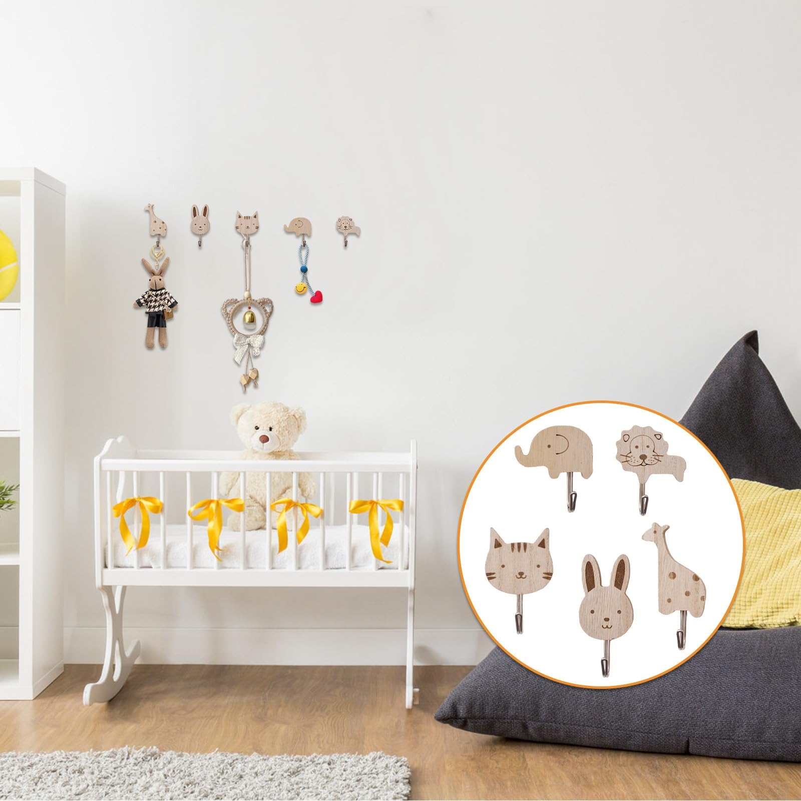 Garçonnière en Bois pour Enfants, Lot de 8 Crochets Adhésifs Animaux - Éléphant, Baleine, Chat, Lion, Lapin, Girafe pour Enfants - Crochets de Rangement à Fixation Murale pour Chambre d'enfant