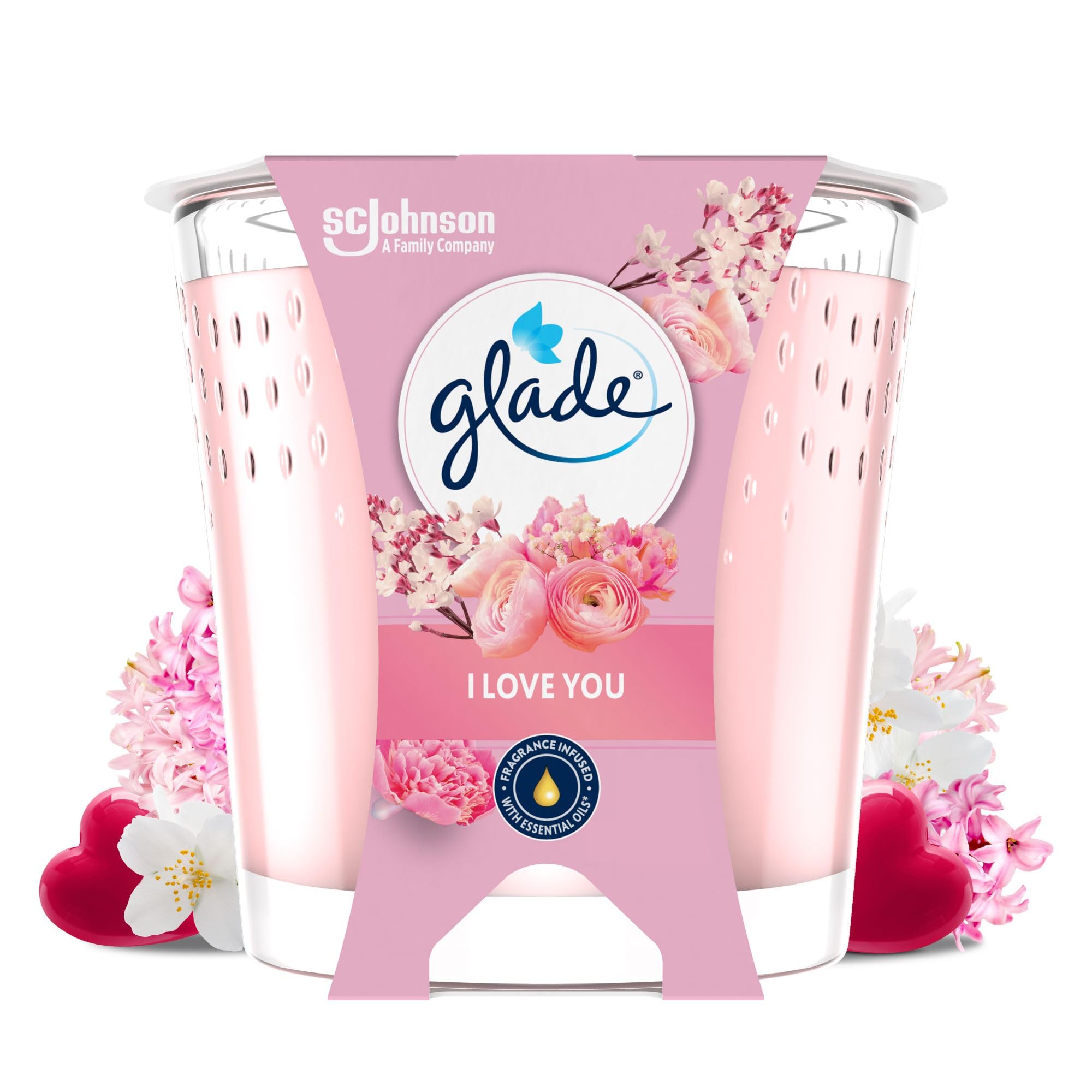Glade Bougie Parfumée – Certifiée Vegan – Parfum I Love You - Infusé aux Huiles Essentielles –Formule Sans Huile de Palme – dure pendant au moins 27 heures – Cadeau Femme – 112g