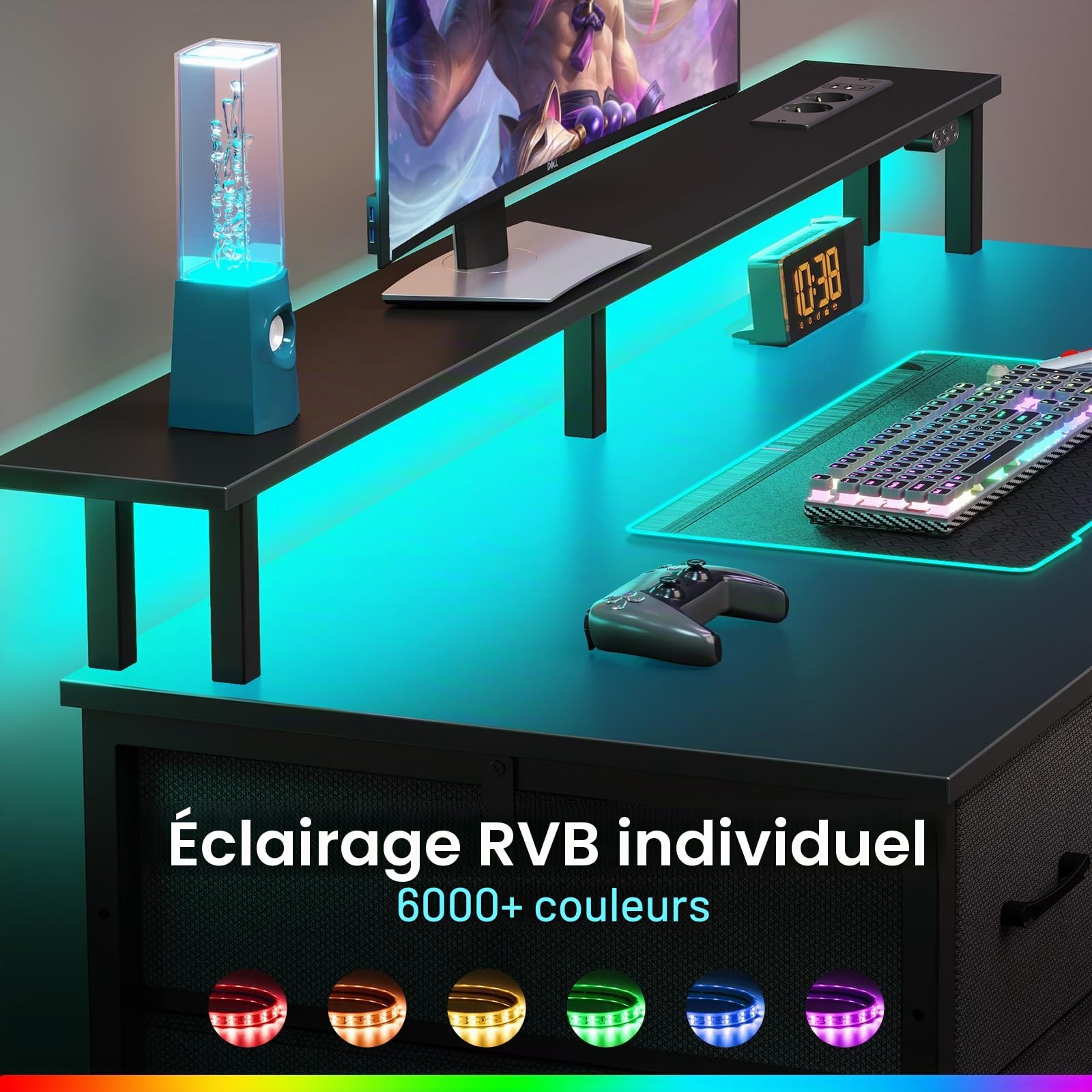 Rolanstar Bureau avec 5 tiroirs, table pour ordinateur avec prises de courant, bureau de gaming avec éclairage LED, support pour moniteur, pour bureau à domicile, chambre, salon, bureau (Noir, 120)