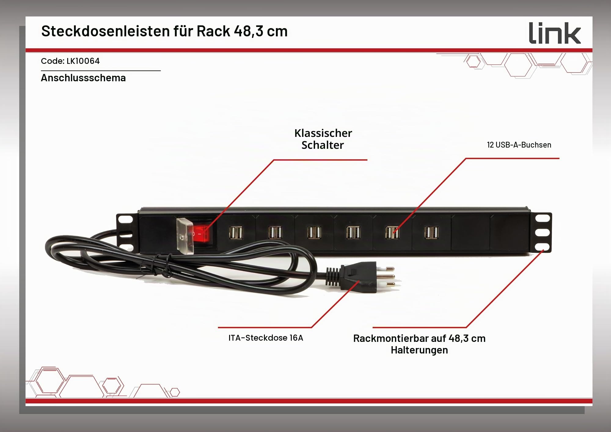 Link Mehrfachsteckdose 1U 19" für Rackschränke LK10064-12 USB-Buchsen 3,4A lädt Mobile Geräte mit LED-Schalter und 6 Universal-/Schuko-Steckdosen, Metall 1 Einheit, 48,5 x 4,5 x 4,5 cm, wendbare