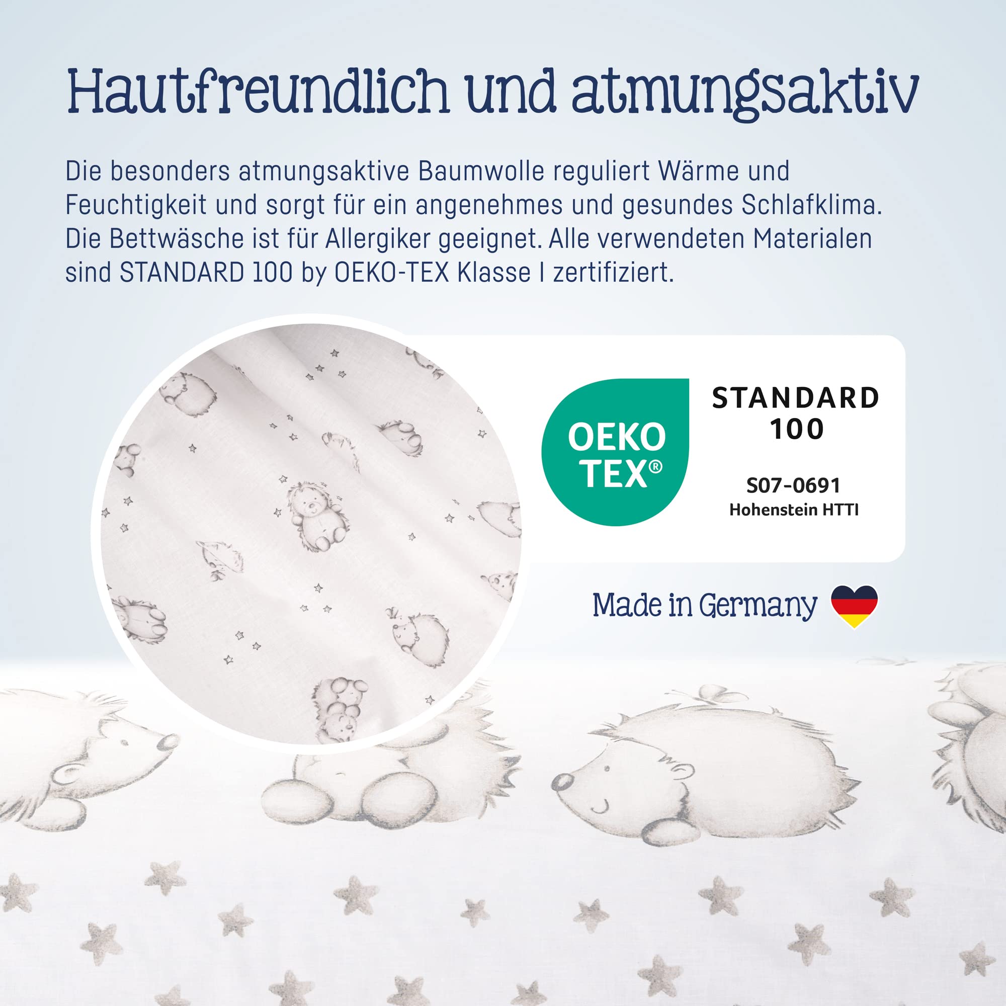 Julius Zöllner Kinderbettwäsche 100% Baumwolle, Standard 100 by OEKO-TEX, made in Germany, Gr. 100x135 + 40x60 cm, Igelchen