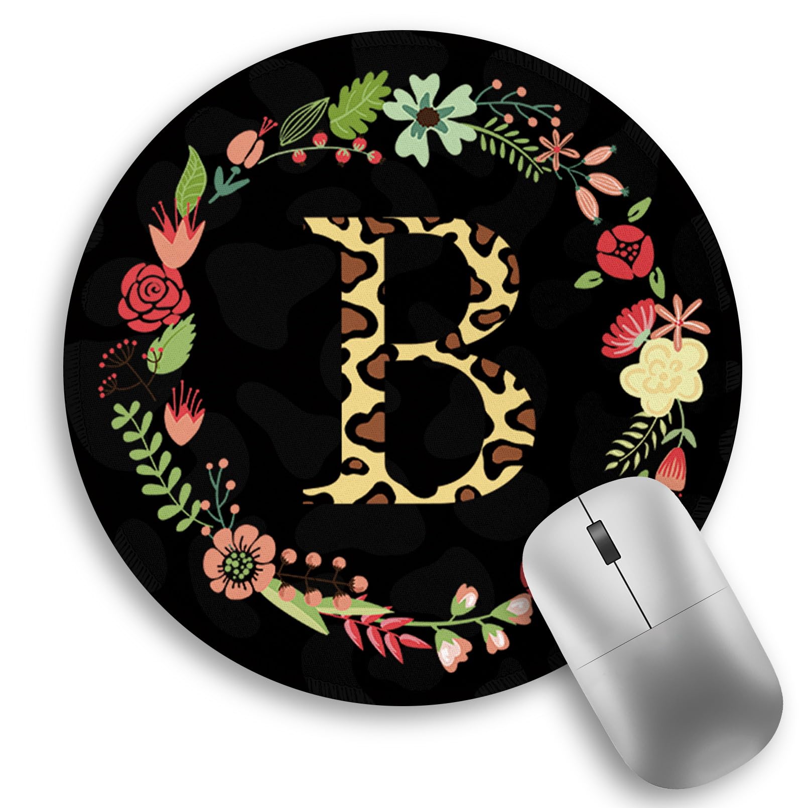 Black Round Mouse Pad Personalized, Computer Mouse Pads for Desk, Travel Mousepad with Non-Slip Rubber Base, Thin Mouse Pad for Wireless Mouse Laptop Gaming Office Desk Accessories 8.6" Letter B