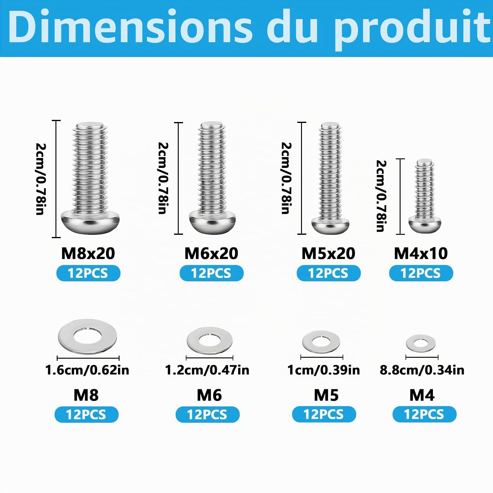Kit de 48 vis VESA universelles pour supports TV, vis pour moniteurs et écrans muraux, en acier inoxydable, avec rondelles.