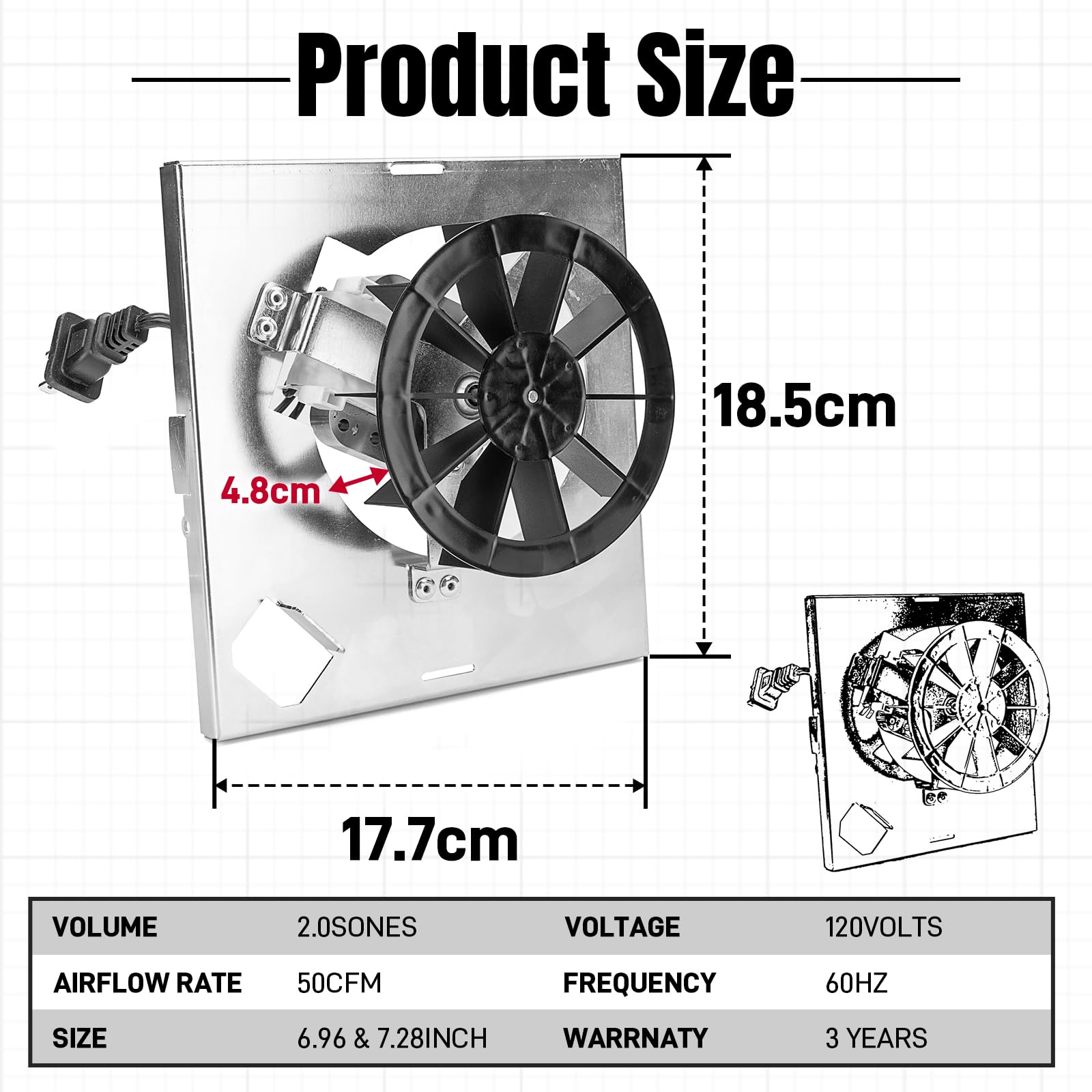 Ventilador de unidad S97012026, ventilador de 50 CFM compatible con Broan 688-K, 688-G, 688-H, 688-J, compatible con 696N-R01 B nutone 695N-R02 B, 2.0 Sones conjunto de motor de ventilador de baño