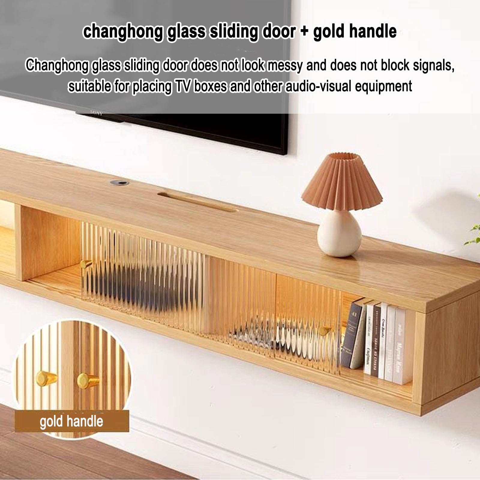 Soporte flotante para TV montado en la pared con estante de almacenamiento de vidrio arcoíris, centro de entretenimiento moderno para sala de estar, elegante decoración del hogar, diseño de ahorro de