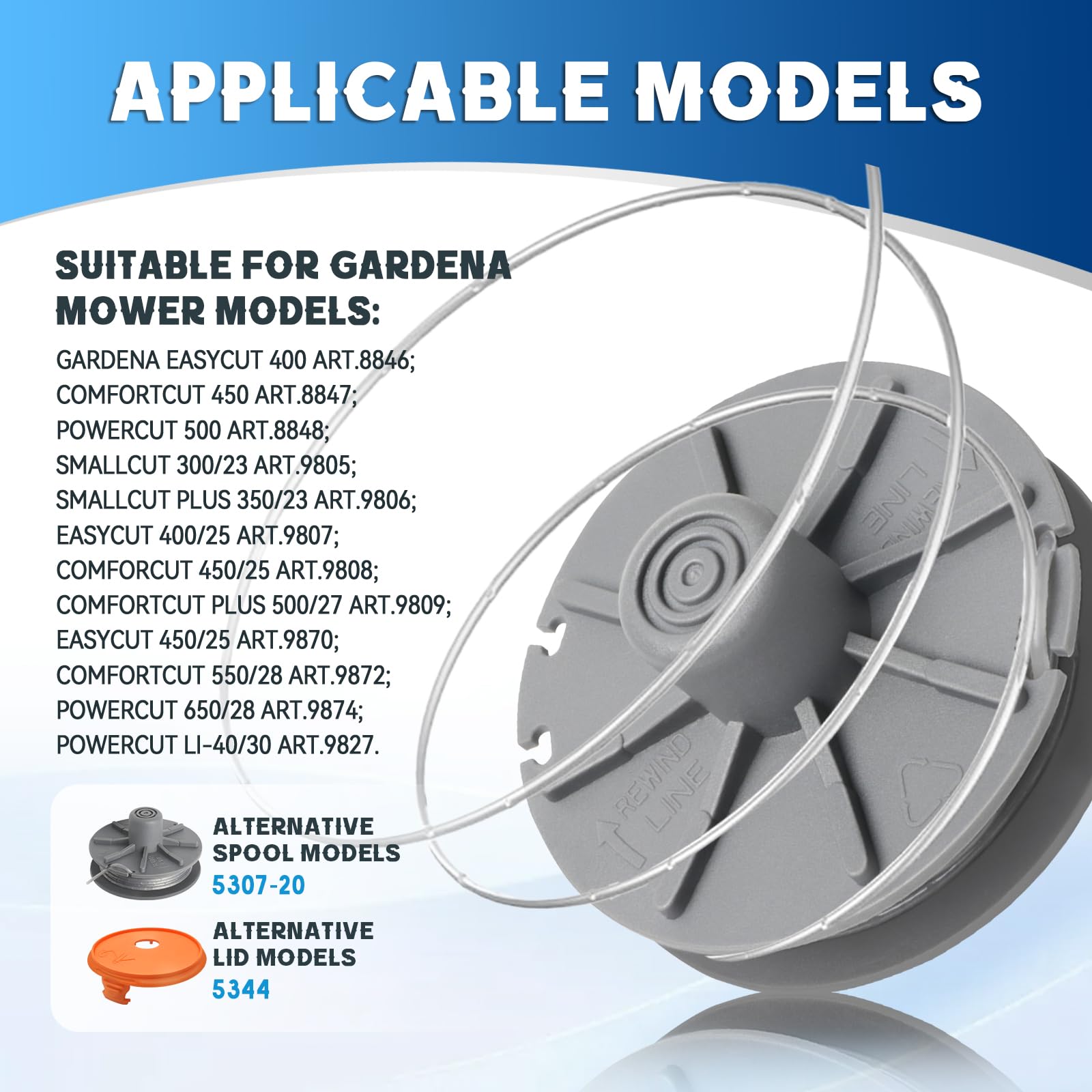 Bobinas de Hilo para Cortabordes Compatible con 5307-20, Bobina de Hilo de para Gardena Art 8846, 8847,8848, 9805, 9806, 9807, 9808, 9809, 9827, 9870,9872,9874, Ø1,65mm 6,1m(4 Bobina+1 Tapa)