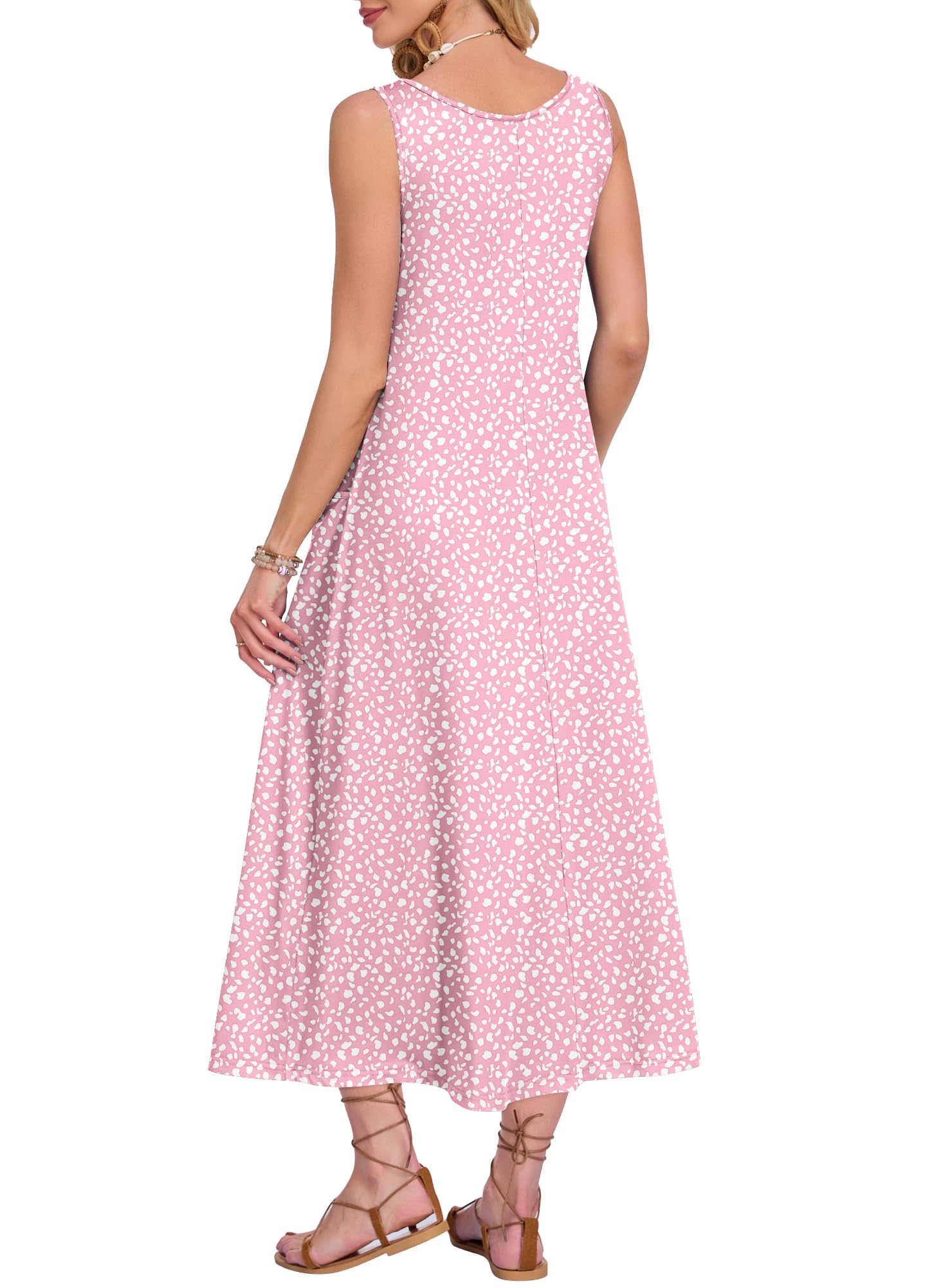 AUSELILY Robe Longue Femme ete sans Manches Robe de Plage Coupe trapèze Longues Style décontracté col en U Robe de Ample pour Les Vacances avec Poche